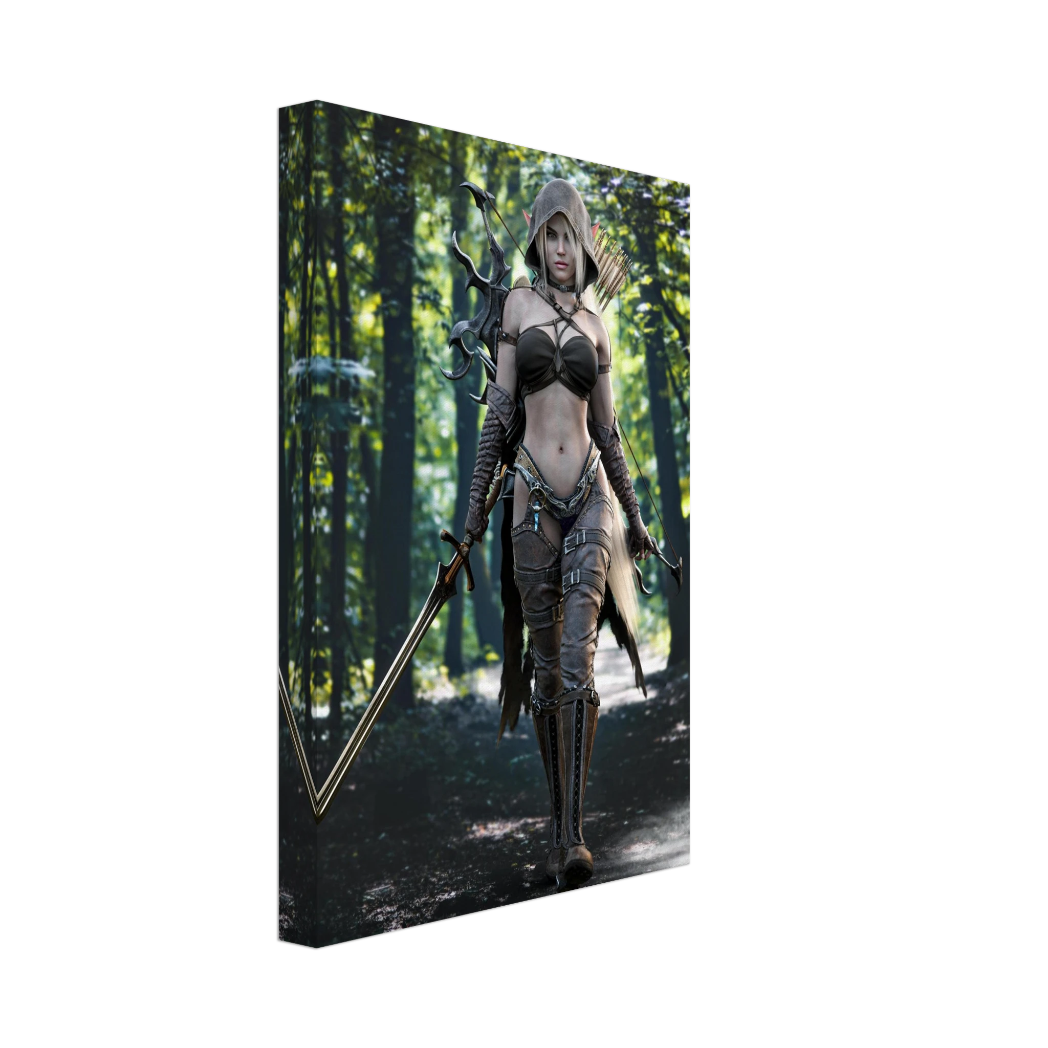 Handcrafted Dark Elf Ranger wall art featuring a hooded female elven ranger carrying a longsword, ornate bow, and quiver of arrows while walking through an enchanted forest. Fantasy artwork perfect for gaming rooms, RPG fans, and medieval fantasy décor.