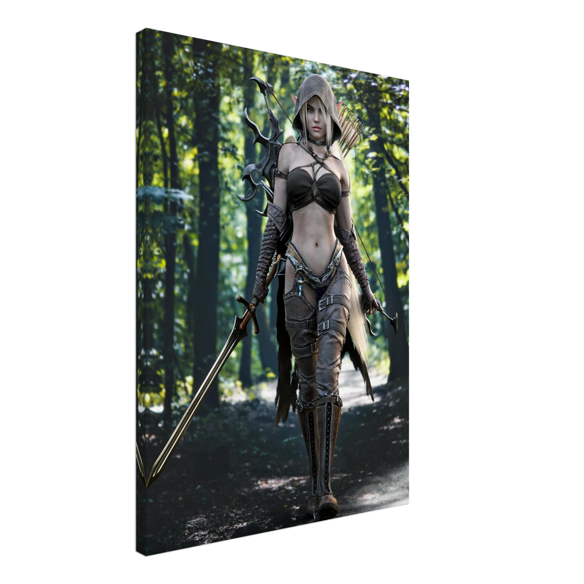 Handcrafted Dark Elf Ranger wall art featuring a hooded female elven ranger carrying a longsword, ornate bow, and quiver of arrows while walking through an enchanted forest. Fantasy artwork perfect for gaming rooms, RPG fans, and medieval fantasy décor.