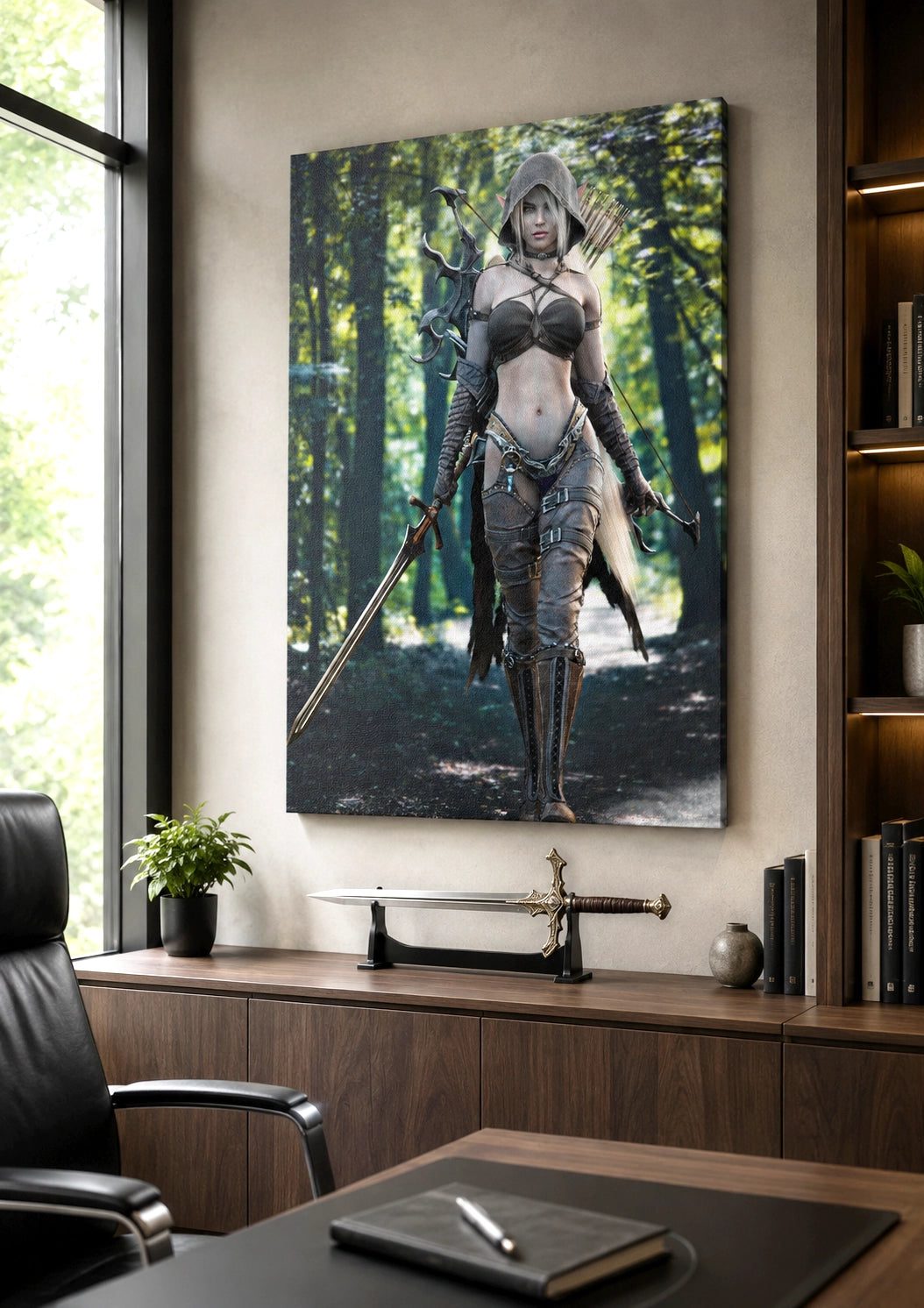 Handcrafted Dark Elf Ranger wall art featuring a hooded female elven ranger carrying a longsword, ornate bow, and quiver of arrows while walking through an enchanted forest. Fantasy artwork perfect for gaming rooms, RPG fans, and medieval fantasy décor.