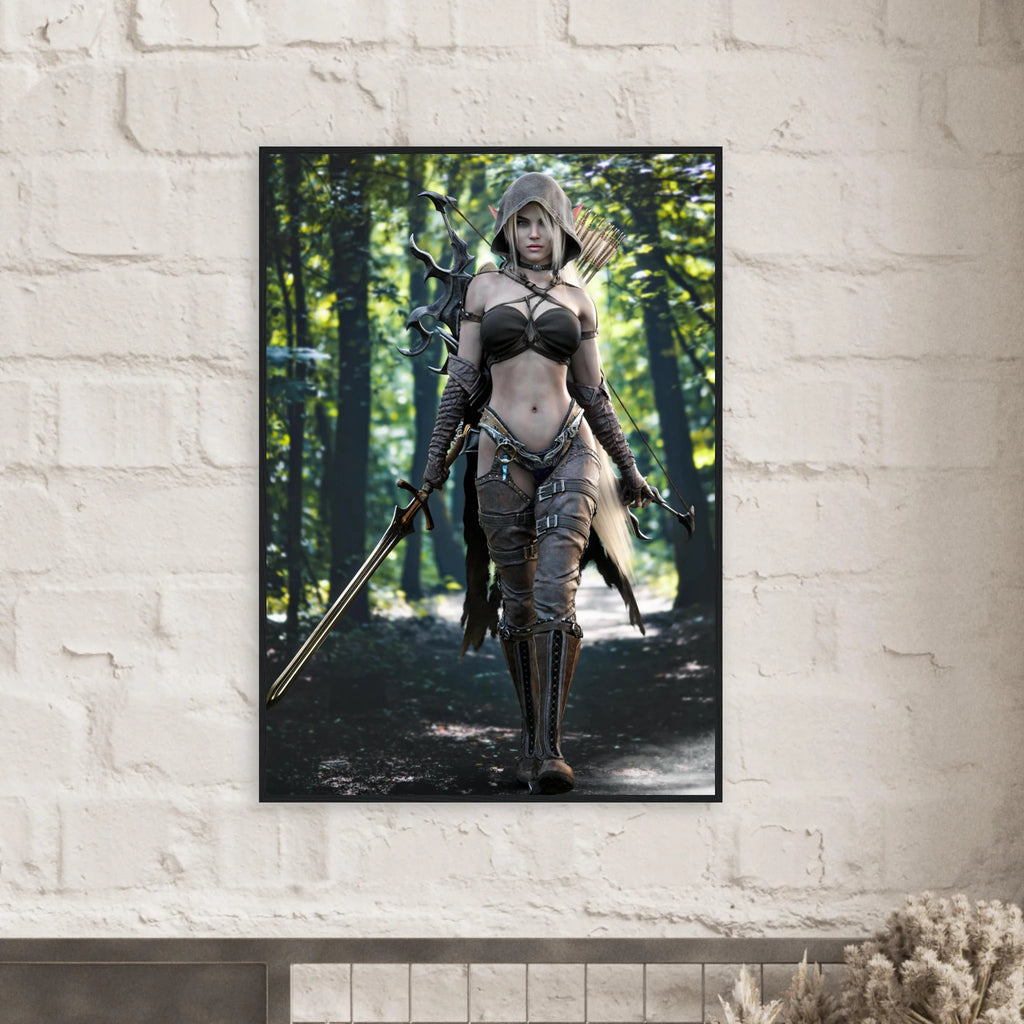 A framed vertical art print depicting a female fantasy archer walking through a forest, mounted on a white brick wall.