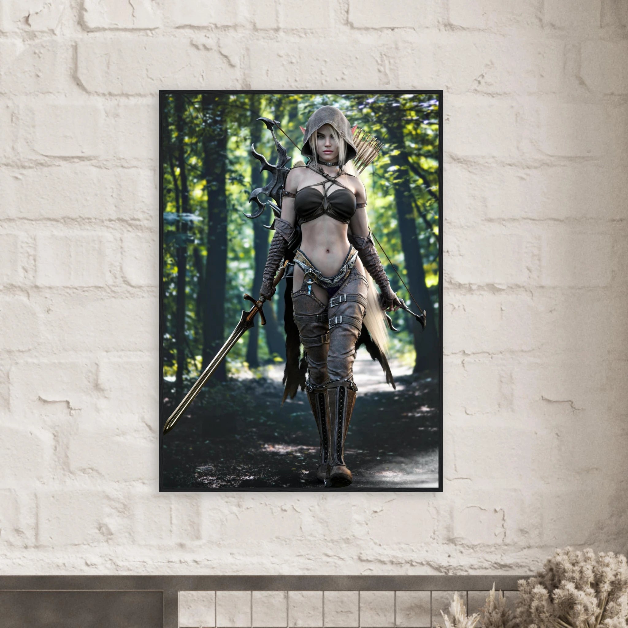 A framed vertical art print depicting a female fantasy archer walking through a forest, mounted on a white brick wall.