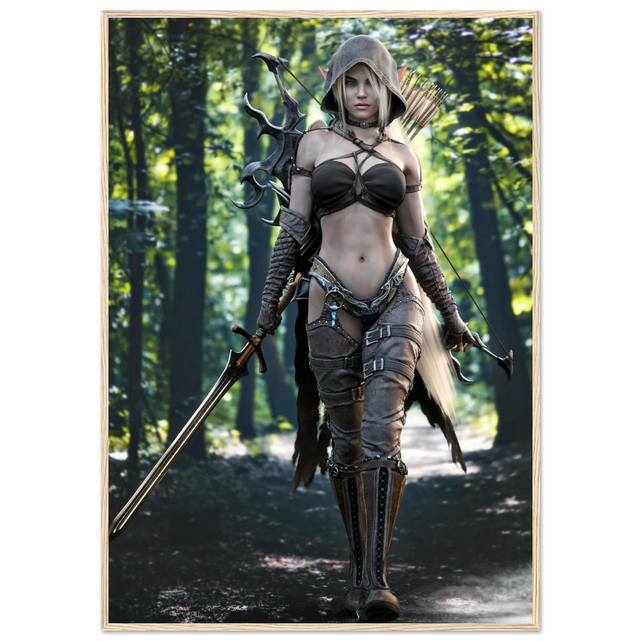 A framed fantasy art print depicting a female archer in dark brown and black armor walking through a sun-dappled forest, shown in a light wood frame against a white background.