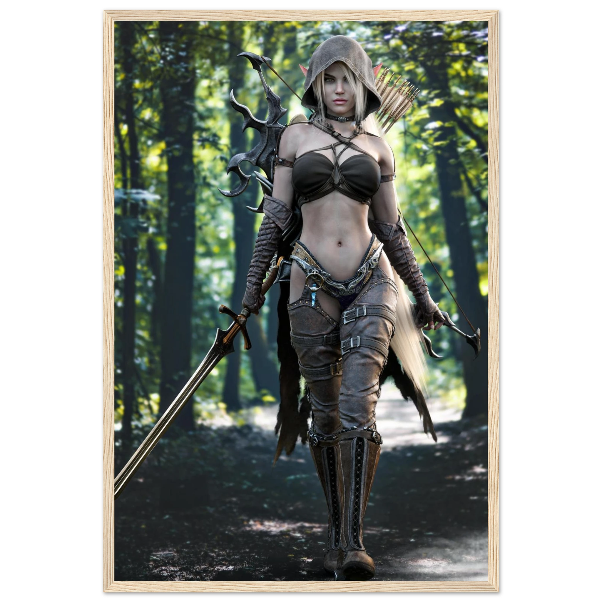 A framed vertical art print depicting a fantasy female archer walking through a sunlit forest, wearing dark brown and black armor with a bow and sword. The print is shown with a light wood frame against a plain white background.