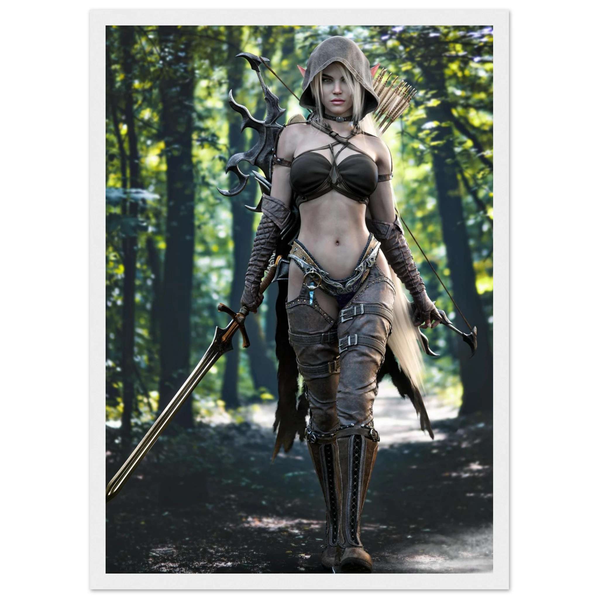 A fantasy art print of a female archer in a forest, wearing dark brown and black armor with a hood, holding a bow and arrow and a sword. The print is displayed with a white border.