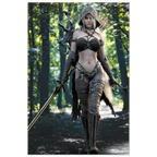 Handcrafted Dark Elf Ranger wall art featuring a hooded female elven ranger carrying a longsword, ornate bow, and quiver of arrows while walking through an enchanted forest. Fantasy artwork perfect for gaming rooms, RPG fans, and medieval fantasy décor.