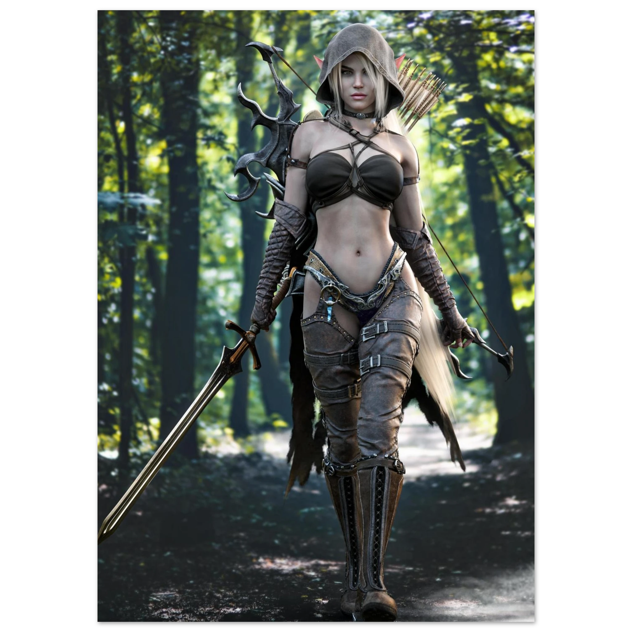 Handcrafted Dark Elf Ranger wall art featuring a hooded female elven ranger carrying a longsword, ornate bow, and quiver of arrows while walking through an enchanted forest. Fantasy artwork perfect for gaming rooms, RPG fans, and medieval fantasy décor.