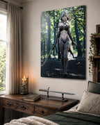 Handcrafted Dark Elf Ranger wall art featuring a hooded female elven ranger carrying a longsword, ornate bow, and quiver of arrows while walking through an enchanted forest. Fantasy artwork perfect for gaming rooms, RPG fans, and medieval fantasy décor.