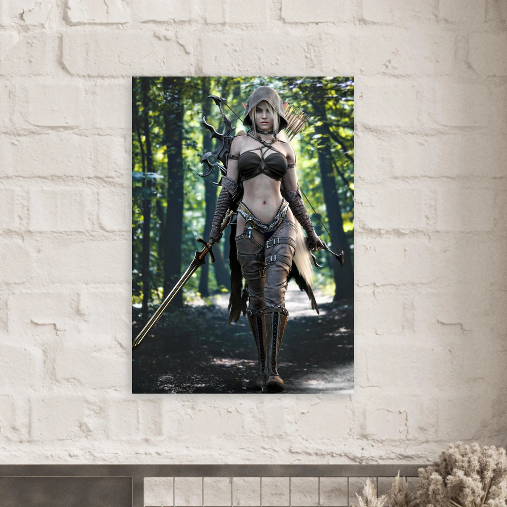 Handcrafted Dark Elf Ranger wall art featuring a hooded female elven ranger carrying a longsword, ornate bow, and quiver of arrows while walking through an enchanted forest. Fantasy artwork perfect for gaming rooms, RPG fans, and medieval fantasy décor.