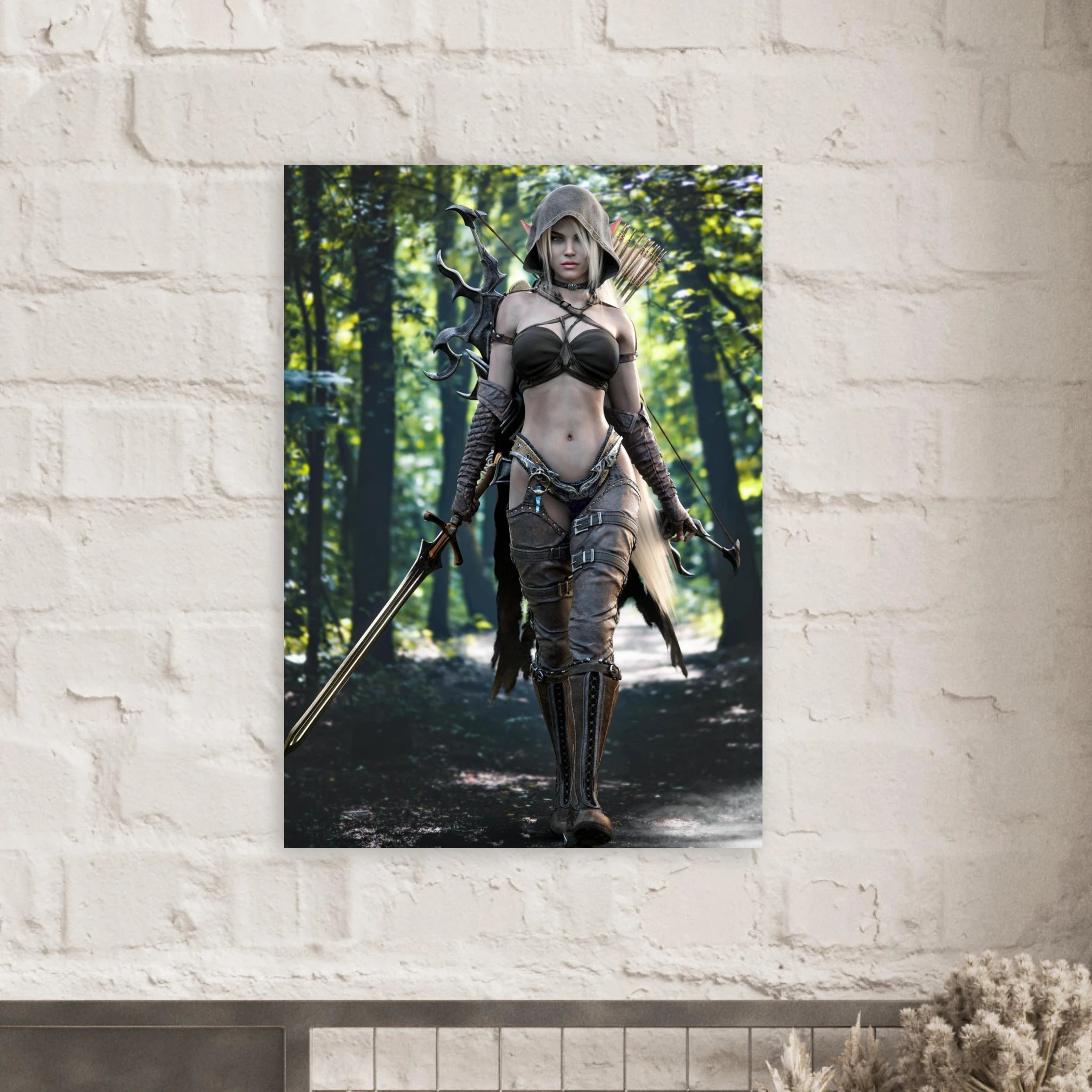 Handcrafted Dark Elf Ranger wall art featuring a hooded female elven ranger carrying a longsword, ornate bow, and quiver of arrows while walking through an enchanted forest. Fantasy artwork perfect for gaming rooms, RPG fans, and medieval fantasy décor.