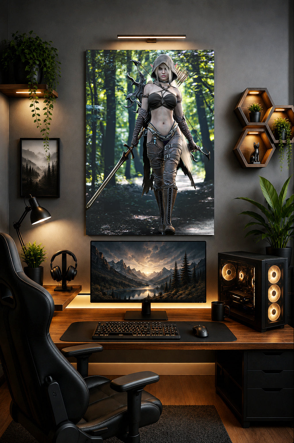 A large vertical wall art print depicting a fantasy female warrior standing in a forest, displayed above a computer monitor in a styled home office setup with an office chair, desk, keyboard, and computer tower.