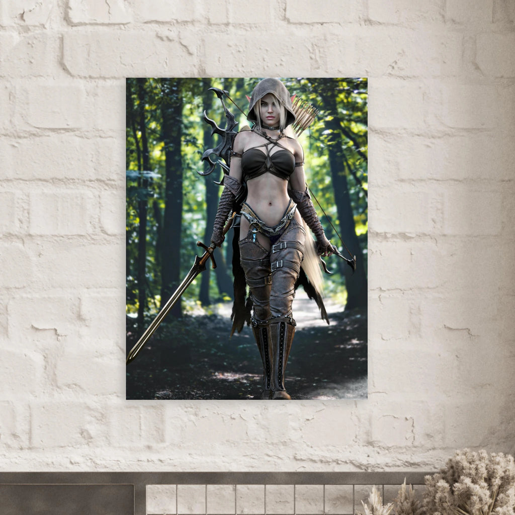 A vertical wall art print depicting a fantasy female archer in dark armor standing in a forest, displayed on a white brick wall above a mantel.