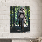 A vertical wall art print depicting a fantasy female archer in dark armor standing in a forest, displayed on a white brick wall above a mantel.