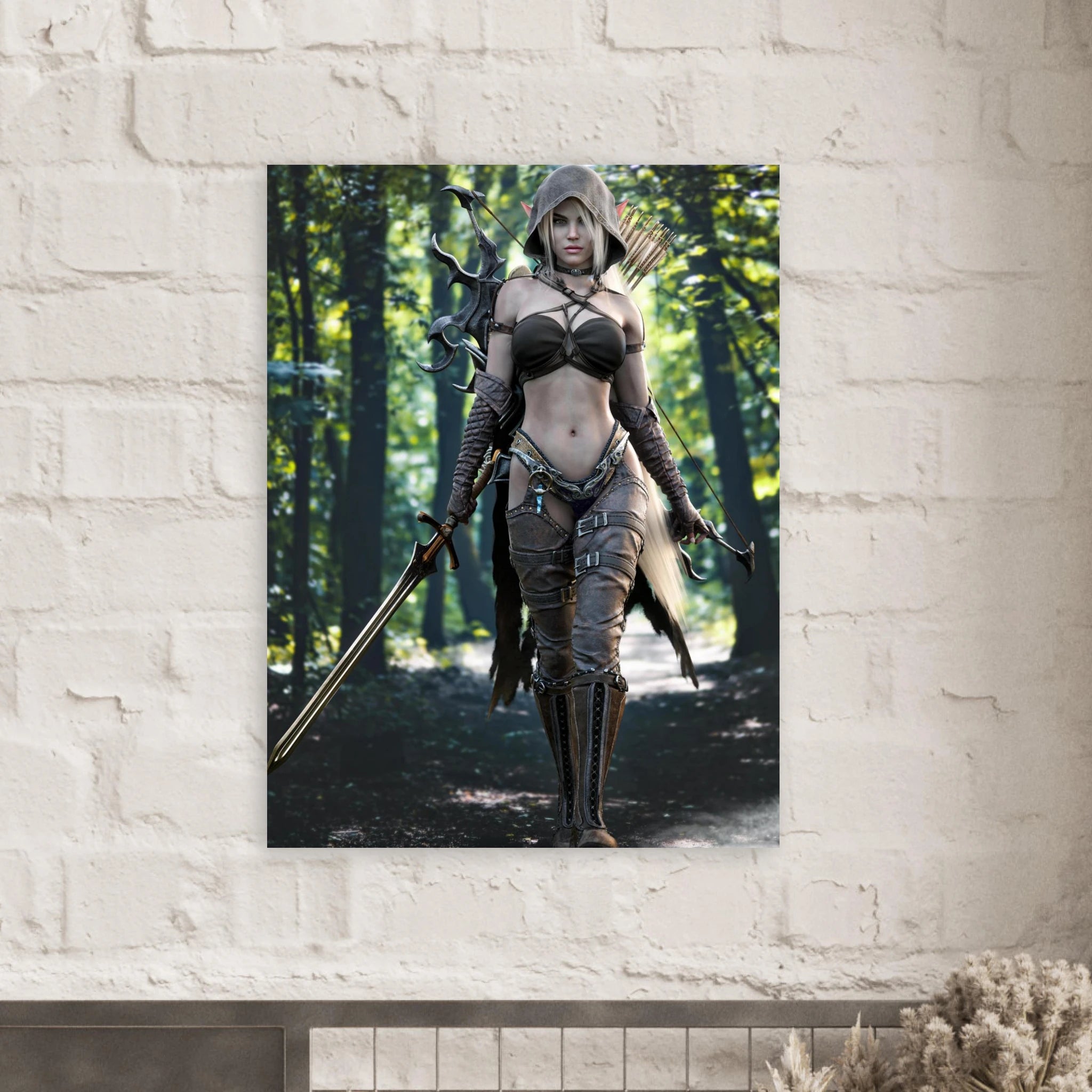 A vertical wall art print depicting a fantasy female archer in dark armor standing in a forest, displayed on a white brick wall above a mantel.