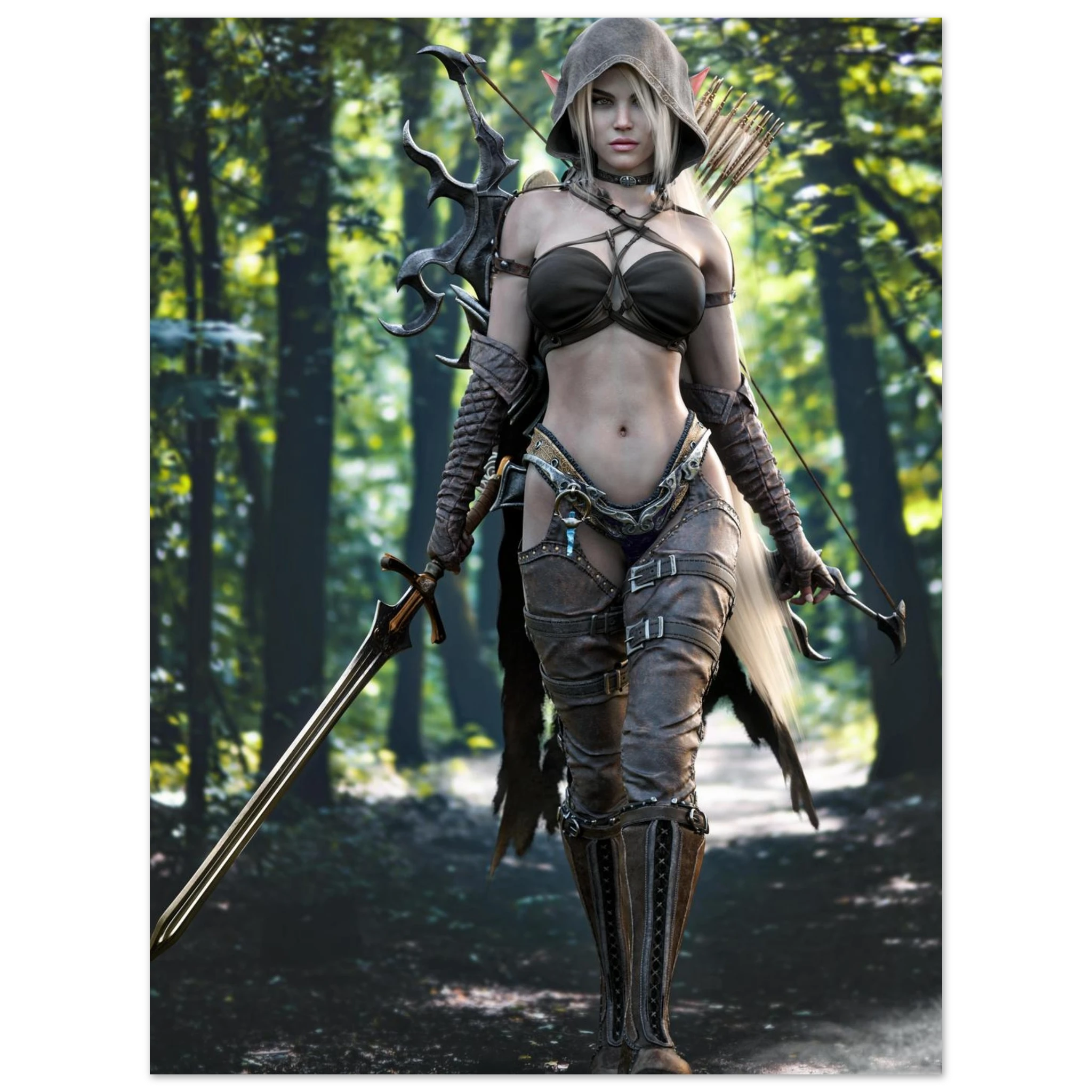 A fantasy female archer character standing in a forest, wearing a brown hooded outfit with a bra top, thigh-high boots, arm guards, and carrying a sword, bow, arrows, and a quiver.