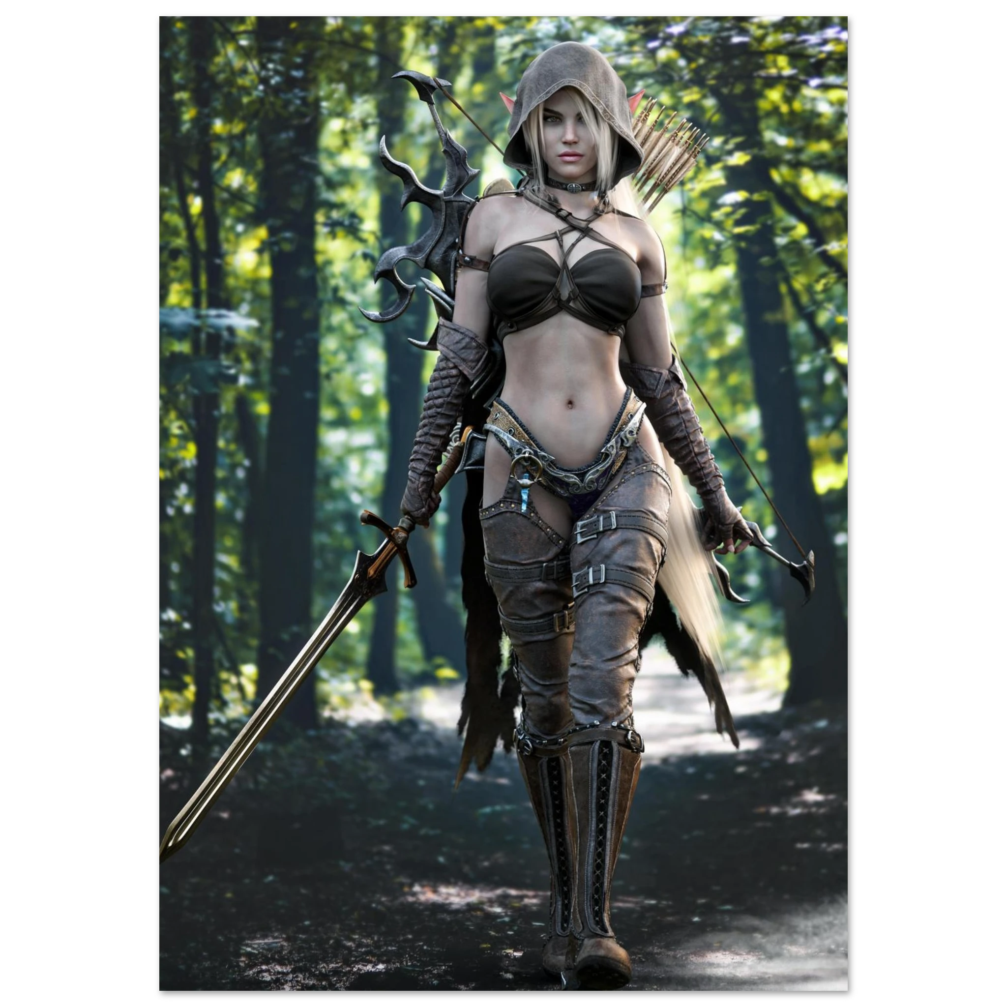 A fantasy female archer character walking through a forest, wearing a brown hooded outfit with leather-like armor pieces, carrying a bow, arrows, and a sword.