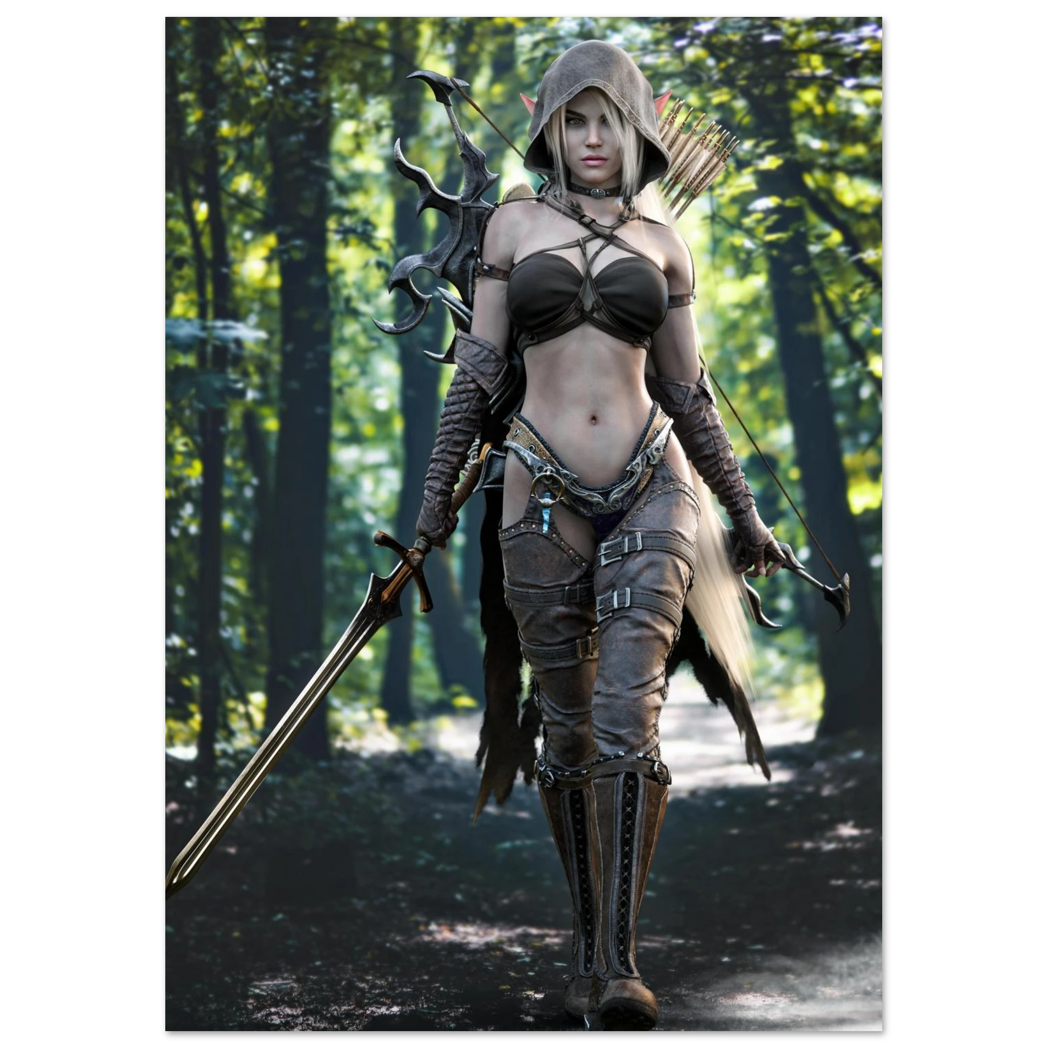 A fantasy female archer character walking through a forest, wearing a brown hooded bikini-style outfit with arm and leg guards, holding a bow and sword, with a quiver of arrows on her back.
