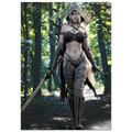 A woman in a dark brown and black fantasy archer costume stands in a forest, holding a bow and arrow, with a quiver of arrows on her back.