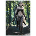 A woman in a dark brown and black fantasy archer costume stands in a forest, holding a bow and arrow, with a quiver of arrows on her back.