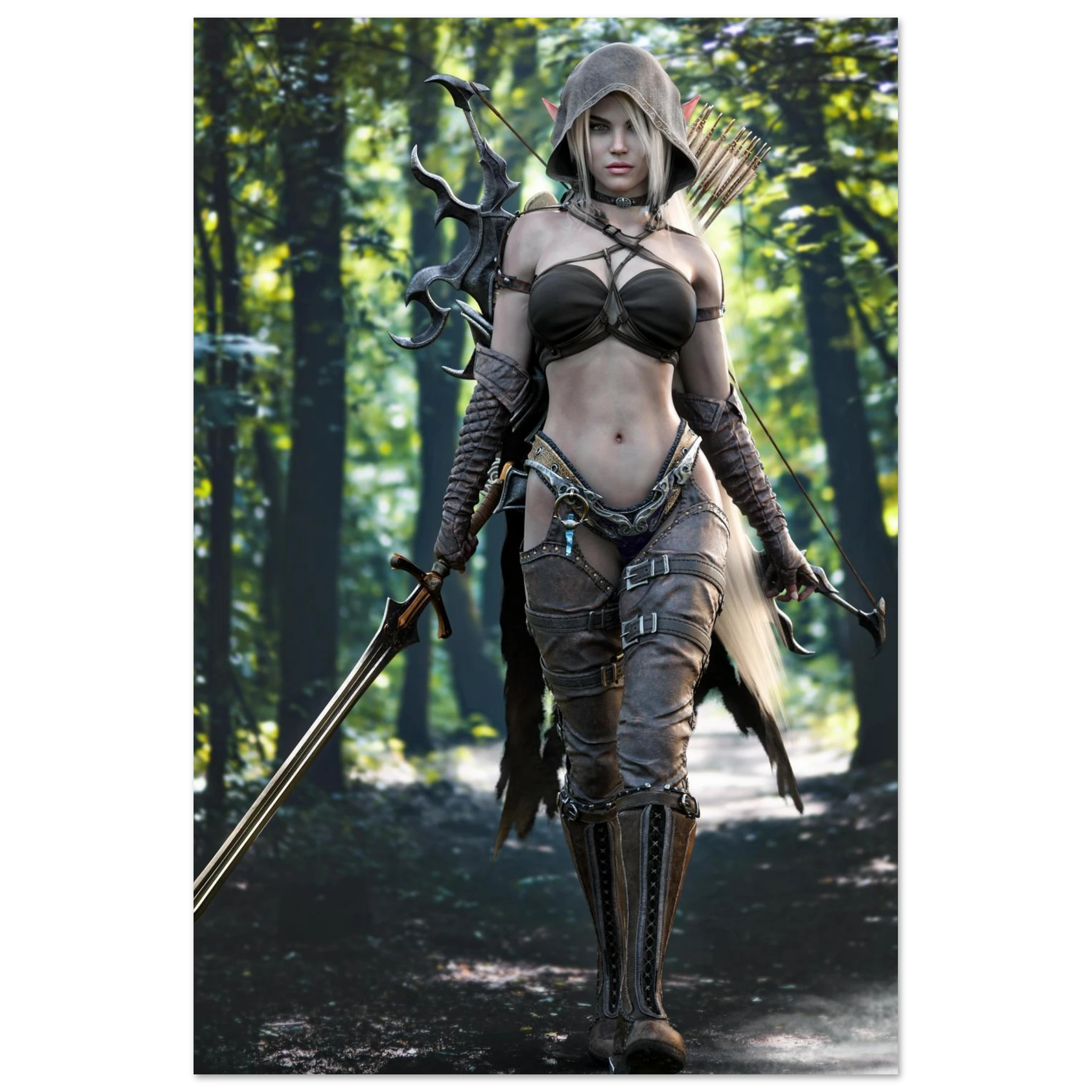 A full-body shot of a woman in fantasy archer cosplay attire, standing in a forest. She is wearing a brown hood, a strappy dark brown bra top, matching brown arm and leg guards, and has a bow and quiver on her back.