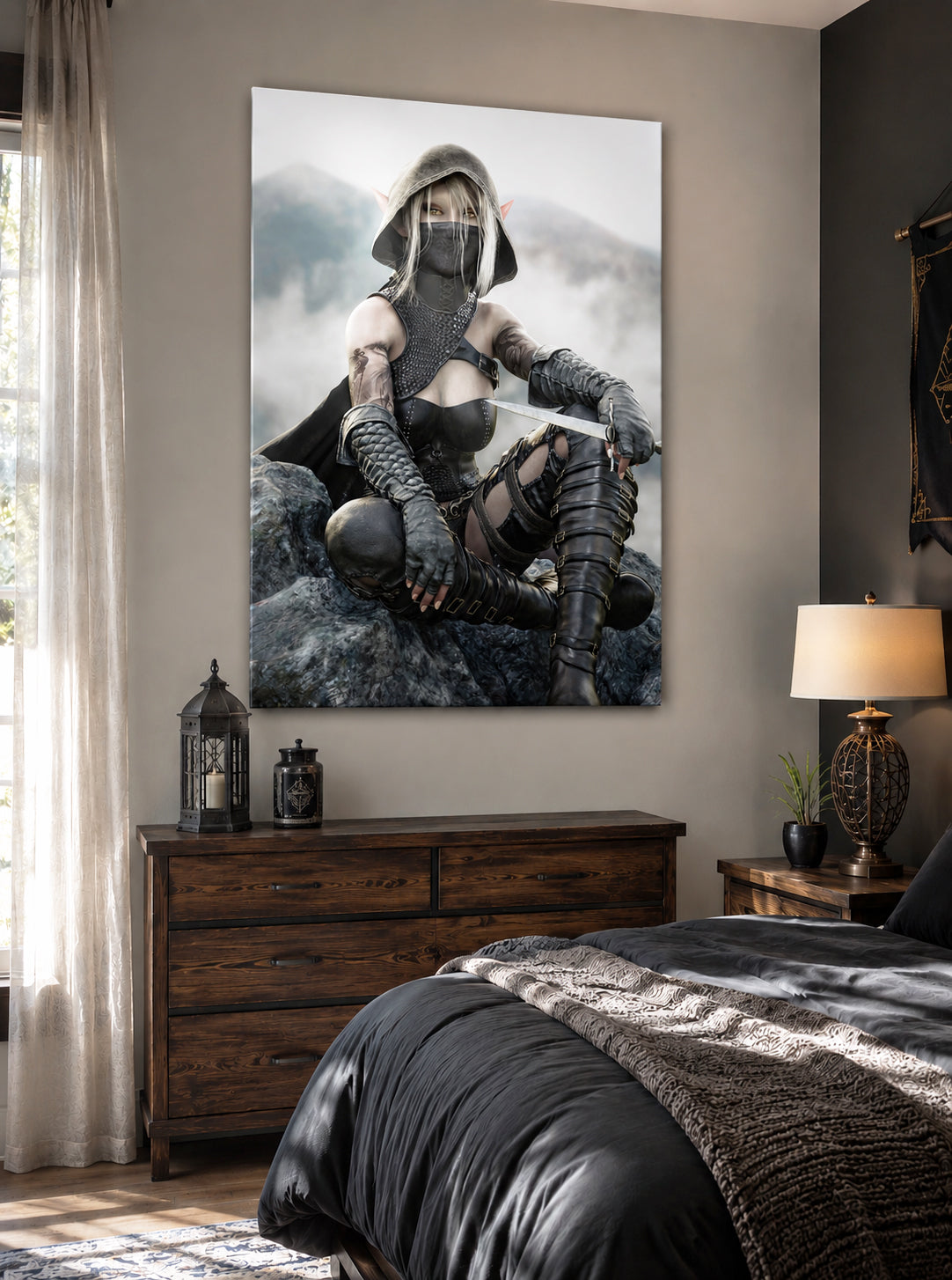 Handcrafted Dark Elf Rogue wall art featuring a hooded female elven assassin seated on rocky cliffs with a dagger in hand. Fantasy artwork ideal for gaming rooms, RPG fans, and medieval fantasy décor.