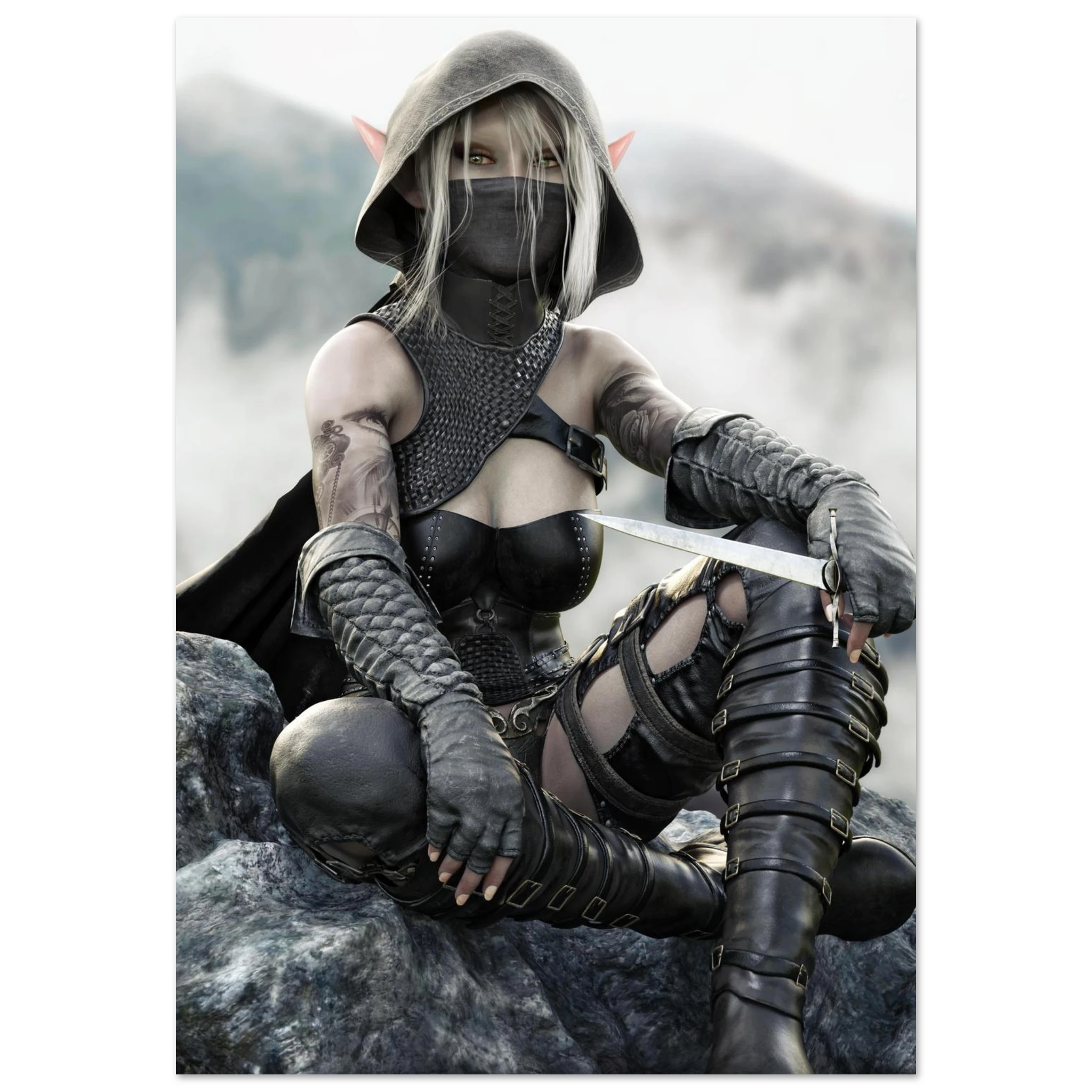Handcrafted Dark Elf Rogue wall art featuring a hooded female elven assassin seated on rocky cliffs with a dagger in hand. Fantasy artwork ideal for gaming rooms, RPG fans, and medieval fantasy décor.