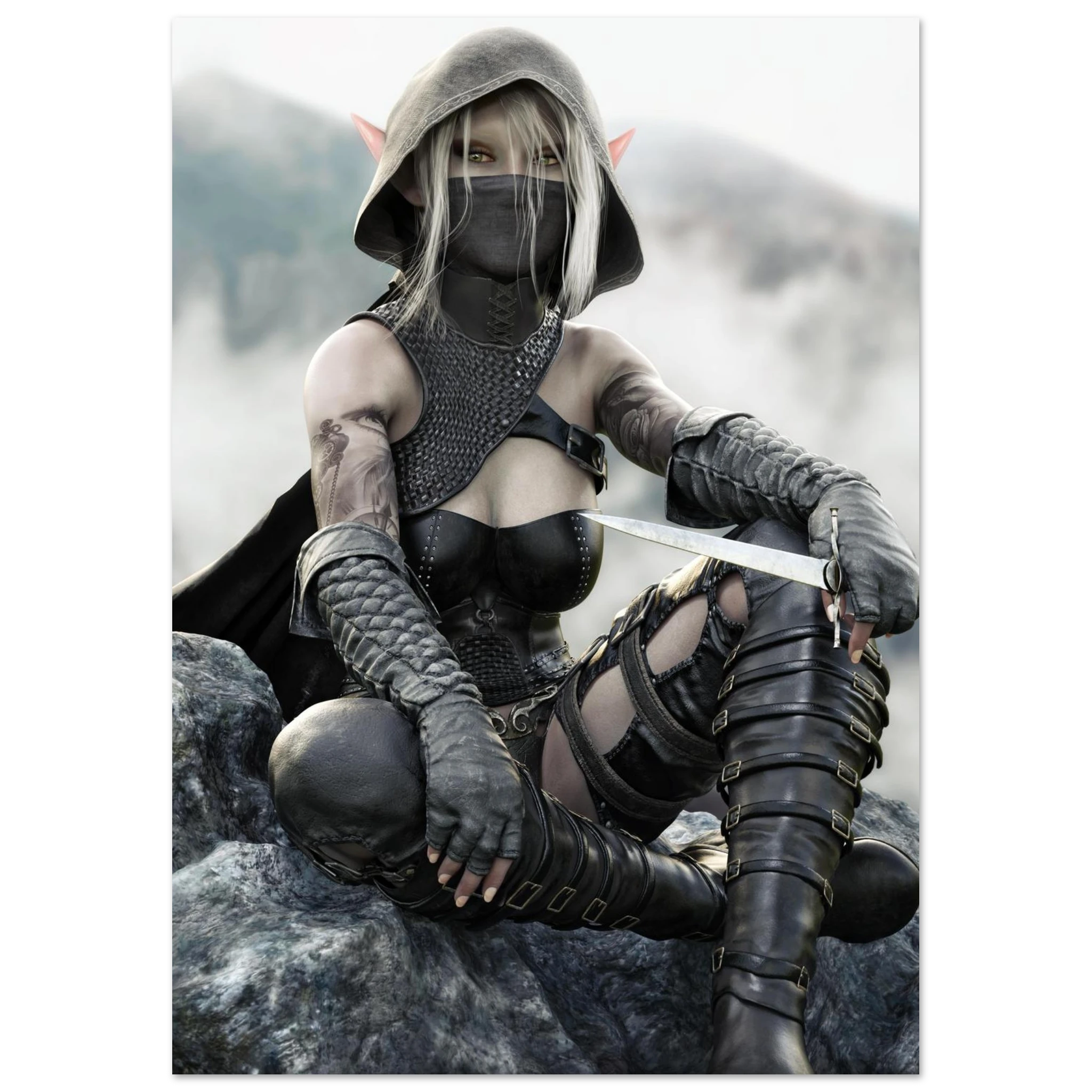 Handcrafted Dark Elf Rogue wall art featuring a hooded female elven assassin seated on rocky cliffs with a dagger in hand. Fantasy artwork ideal for gaming rooms, RPG fans, and medieval fantasy décor.