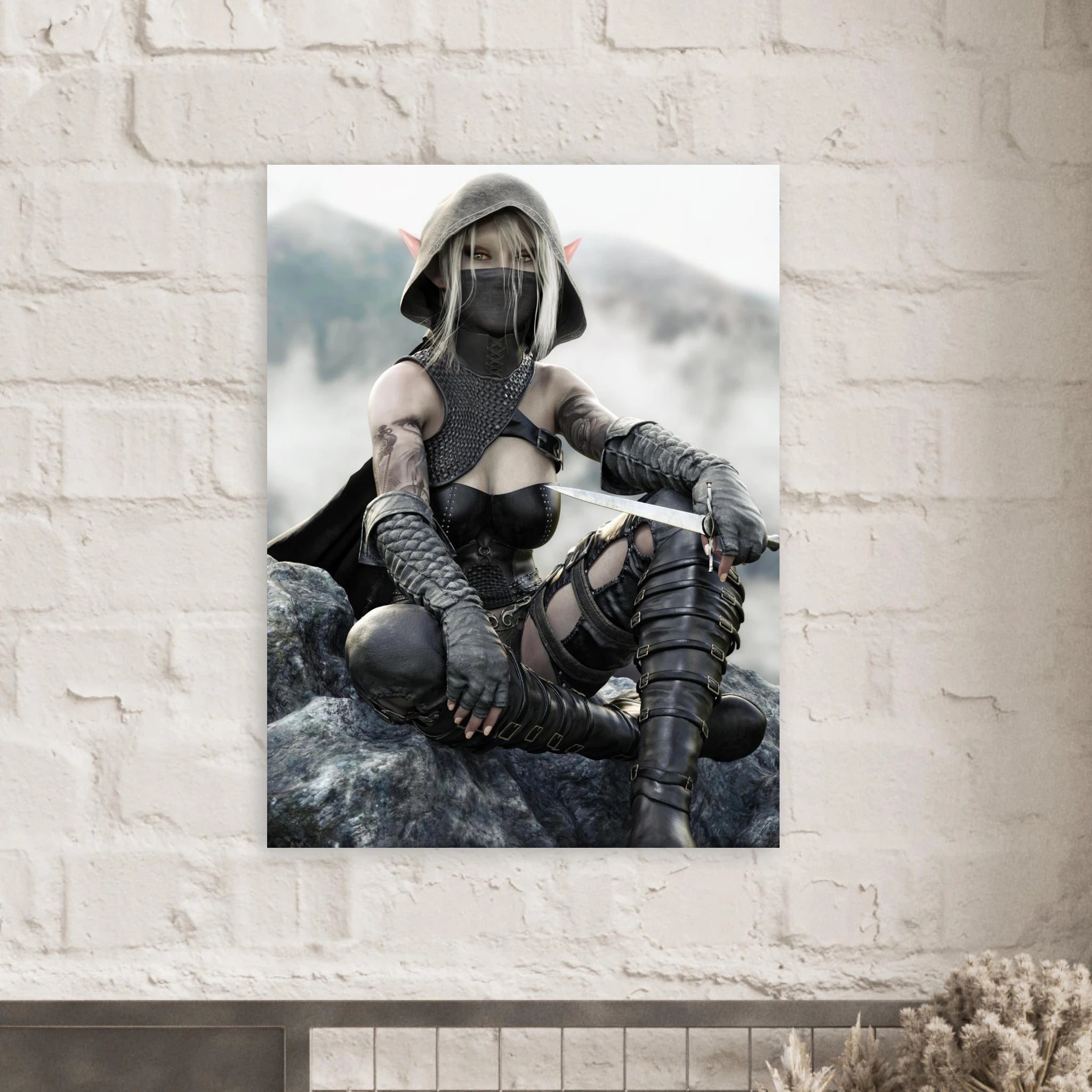 Handcrafted Dark Elf Rogue wall art featuring a hooded female elven assassin seated on rocky cliffs with a dagger in hand. Fantasy artwork ideal for gaming rooms, RPG fans, and medieval fantasy décor.