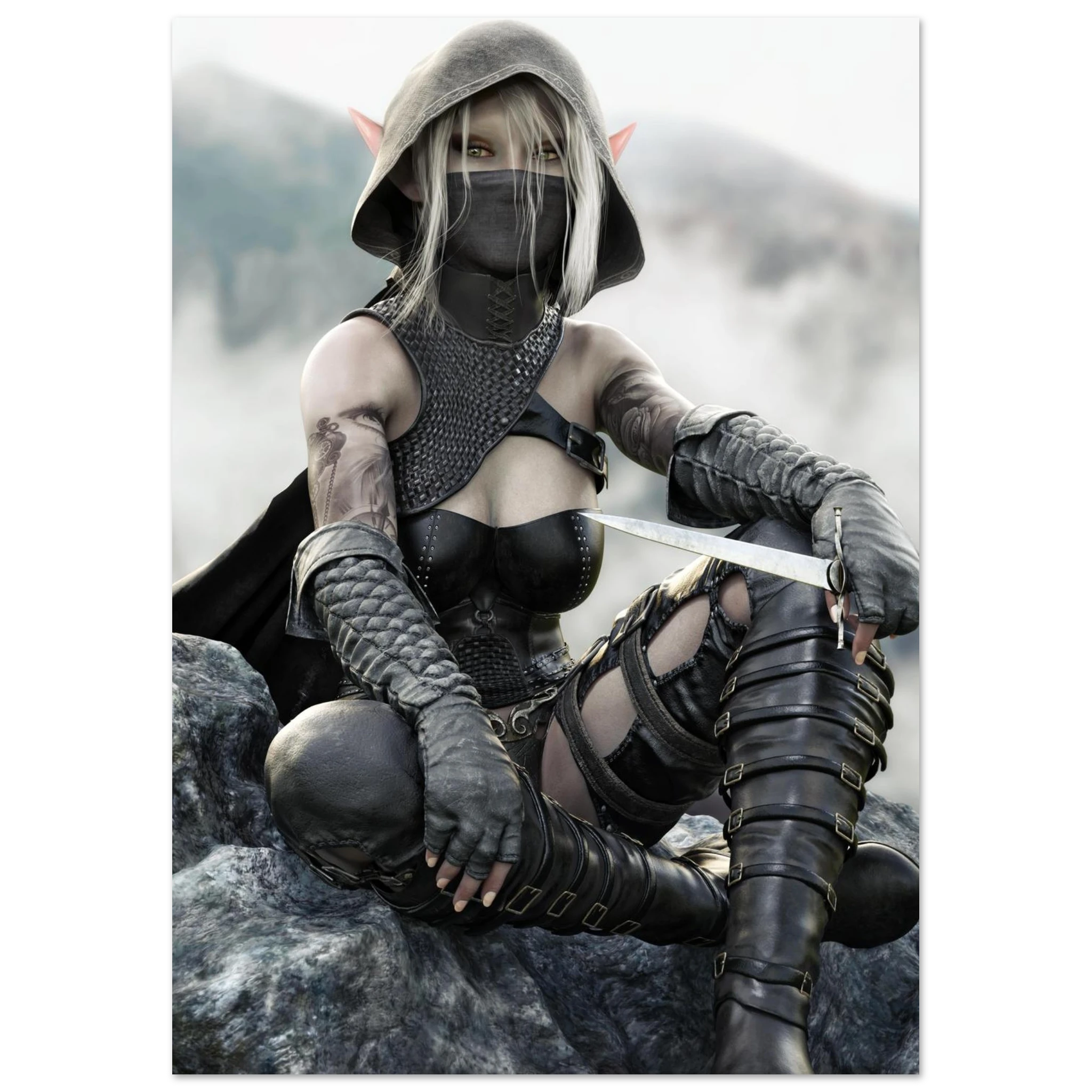 Handcrafted Dark Elf Rogue wall art featuring a hooded female elven assassin seated on rocky cliffs with a dagger in hand. Fantasy artwork ideal for gaming rooms, RPG fans, and medieval fantasy décor.
