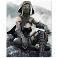 Handcrafted Dark Elf Rogue wall art featuring a hooded female elven assassin seated on rocky cliffs with a dagger in hand. Fantasy artwork ideal for gaming rooms, RPG fans, and medieval fantasy décor.