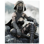 Handcrafted Dark Elf Rogue wall art featuring a hooded female elven assassin seated on rocky cliffs with a dagger in hand. Fantasy artwork ideal for gaming rooms, RPG fans, and medieval fantasy décor.