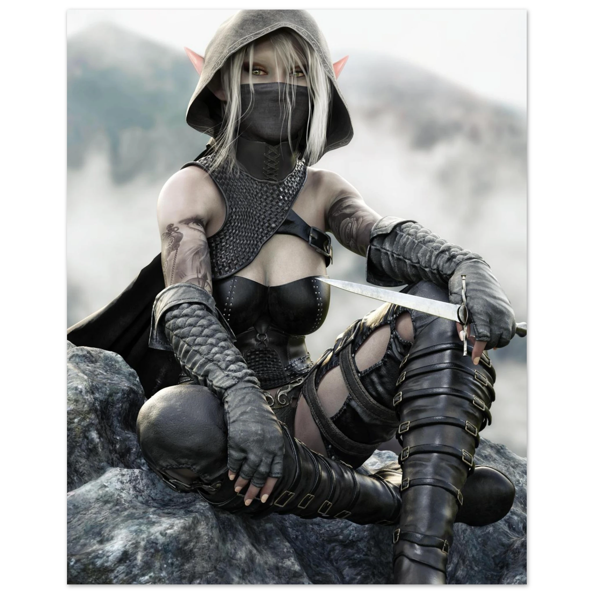 Handcrafted Dark Elf Rogue wall art featuring a hooded female elven assassin seated on rocky cliffs with a dagger in hand. Fantasy artwork ideal for gaming rooms, RPG fans, and medieval fantasy décor.