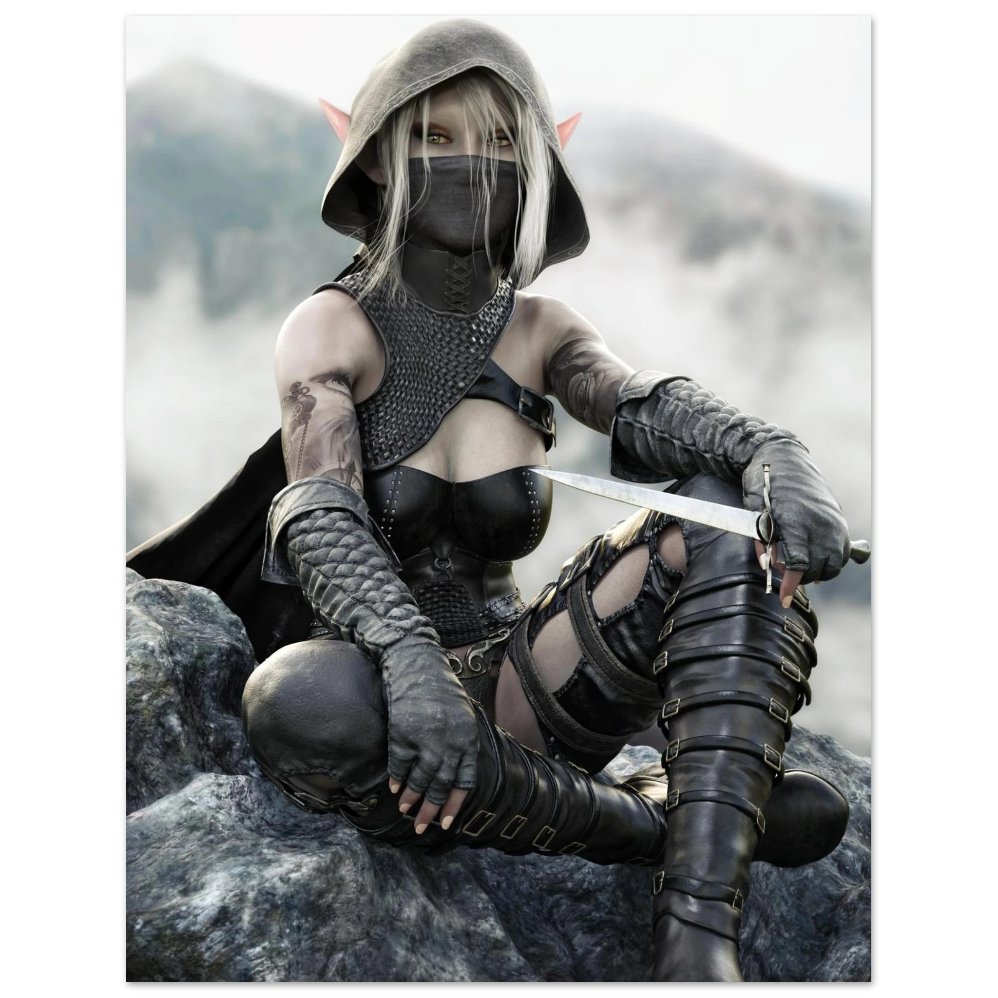 Handcrafted Dark Elf Rogue wall art featuring a hooded female elven assassin seated on rocky cliffs with a dagger in hand. Fantasy artwork ideal for gaming rooms, RPG fans, and medieval fantasy décor.