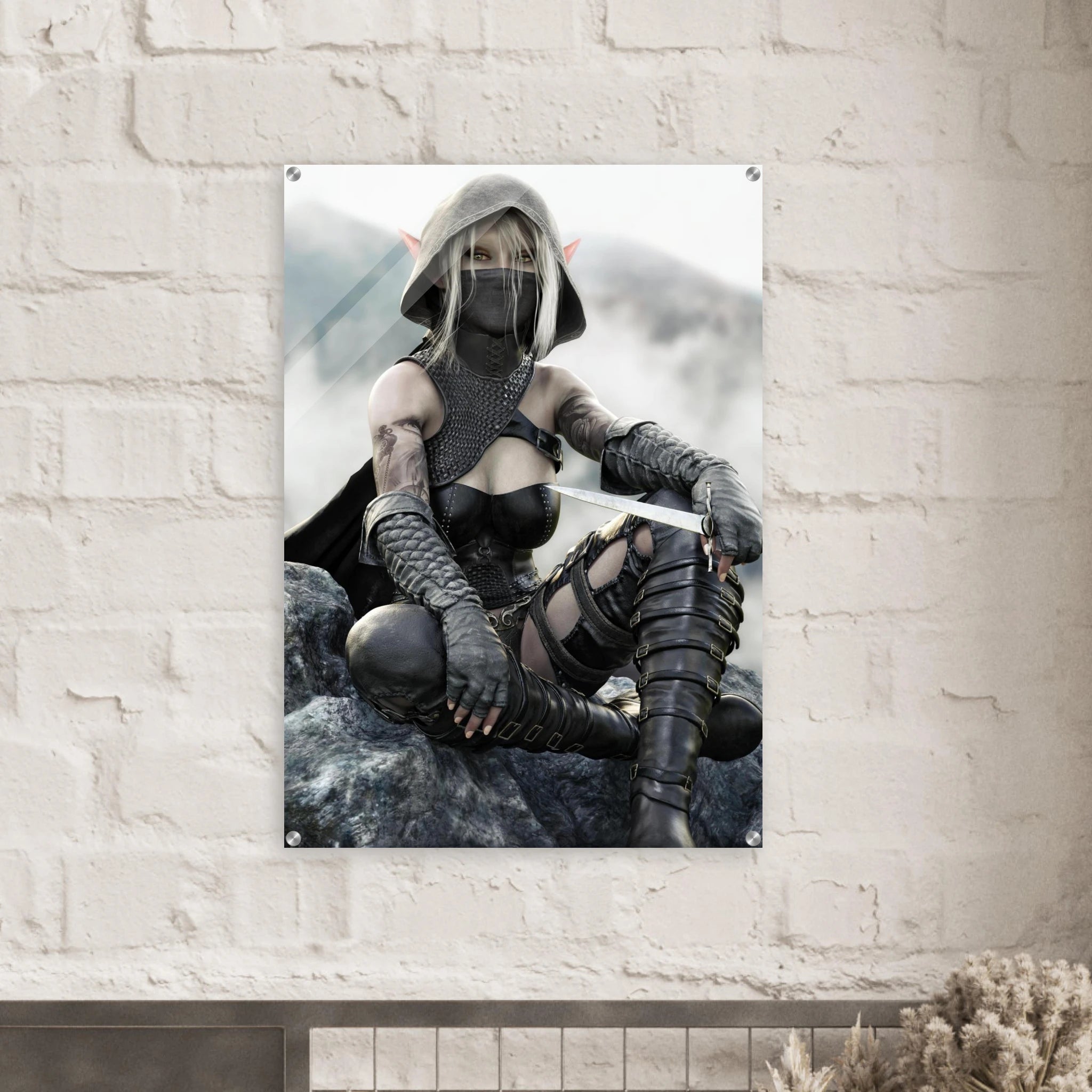 Handcrafted Dark Elf Rogue wall art featuring a hooded female elven assassin seated on rocky cliffs with a dagger in hand. Fantasy artwork ideal for gaming rooms, RPG fans, and medieval fantasy décor.