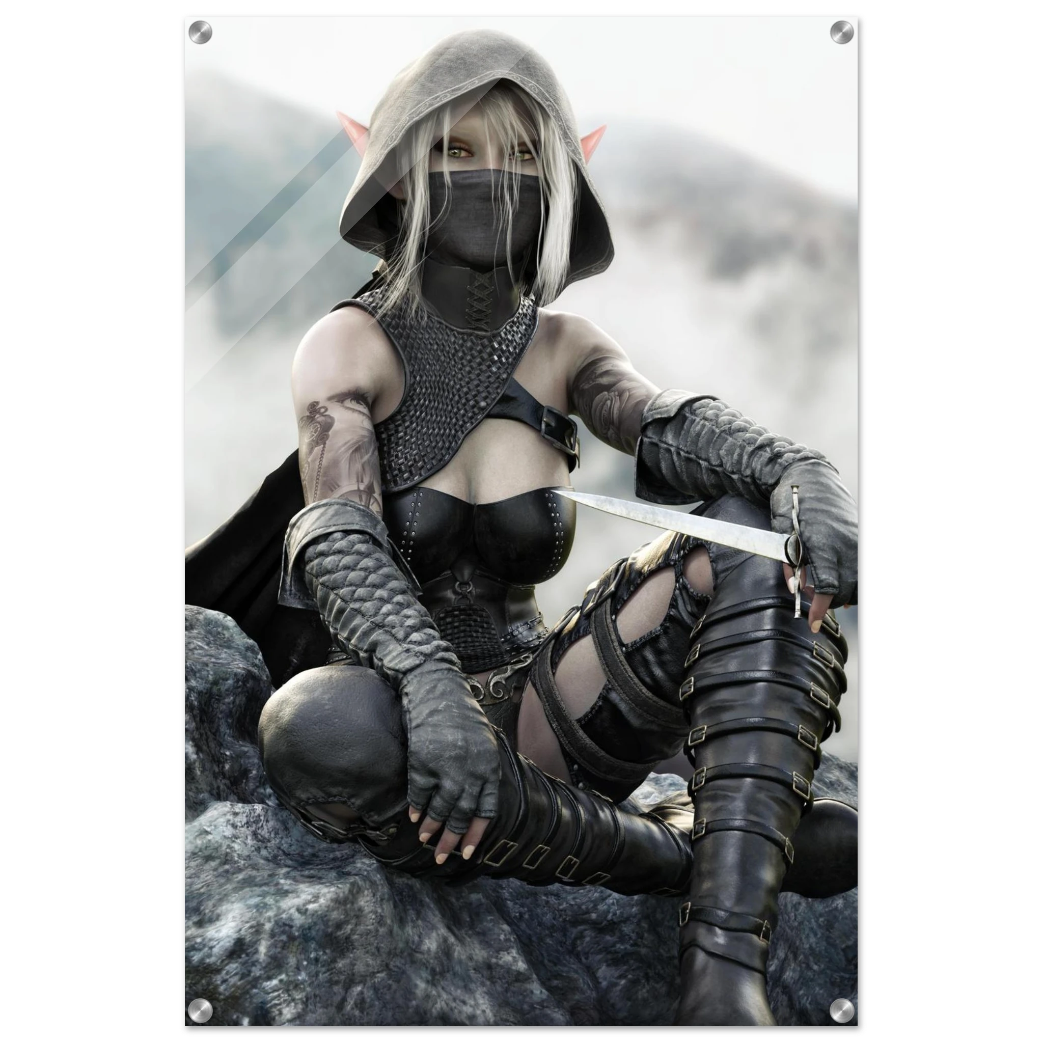 Handcrafted Dark Elf Rogue wall art featuring a hooded female elven assassin seated on rocky cliffs with a dagger in hand. Fantasy artwork ideal for gaming rooms, RPG fans, and medieval fantasy décor.