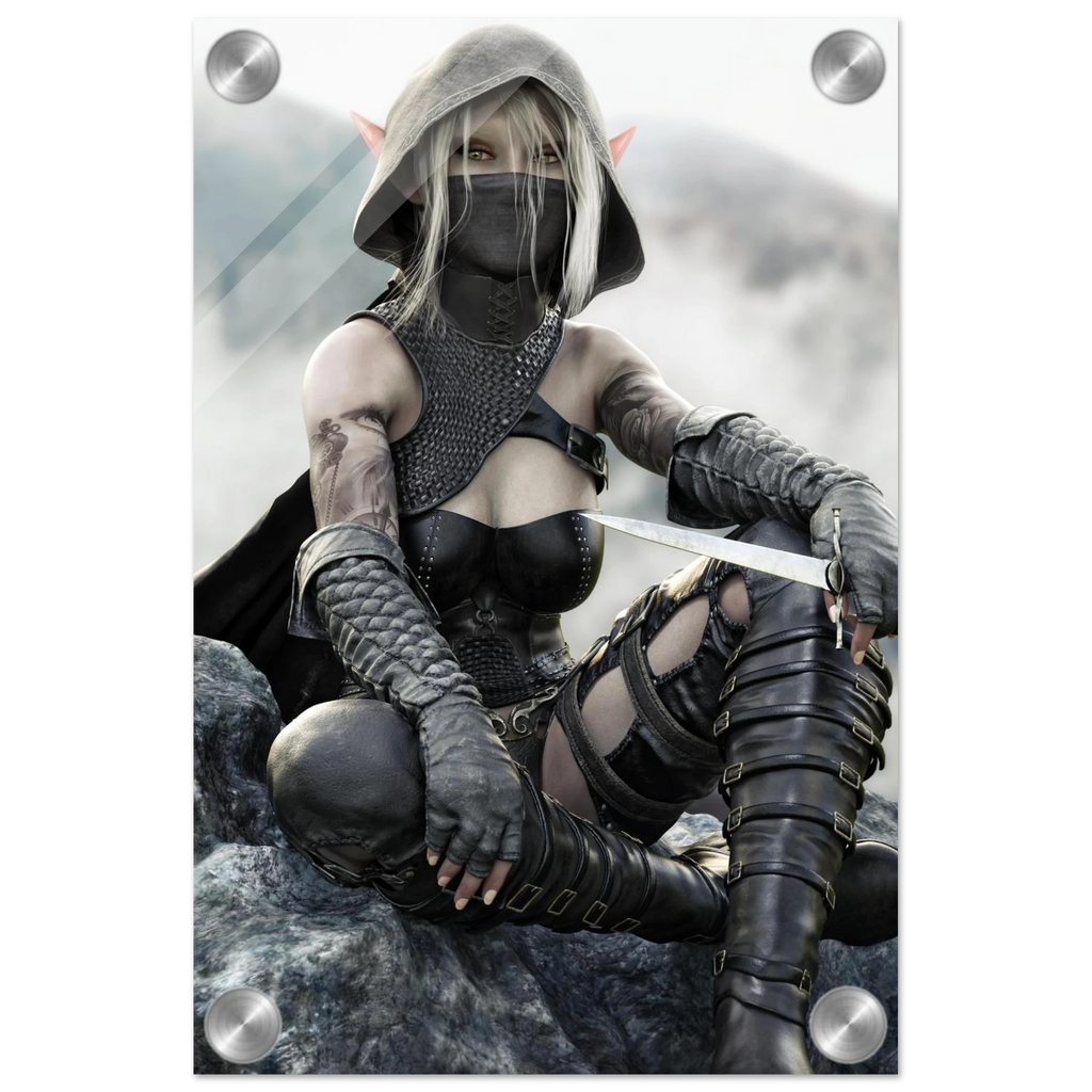 Handcrafted Dark Elf Rogue wall art featuring a hooded female elven assassin seated on rocky cliffs with a dagger in hand. Fantasy artwork ideal for gaming rooms, RPG fans, and medieval fantasy décor.