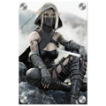 Handcrafted Dark Elf Rogue wall art featuring a hooded female elven assassin seated on rocky cliffs with a dagger in hand. Fantasy artwork ideal for gaming rooms, RPG fans, and medieval fantasy décor.