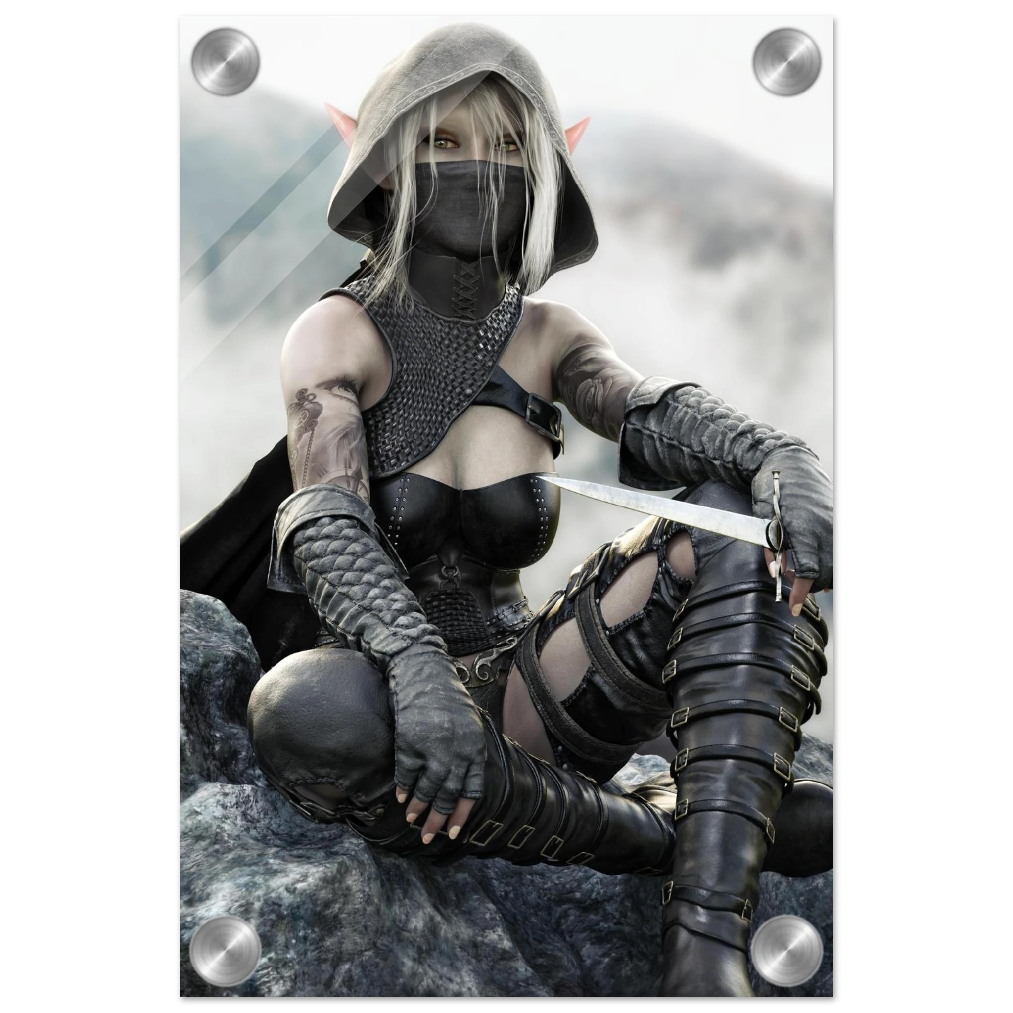 Handcrafted Dark Elf Rogue wall art featuring a hooded female elven assassin seated on rocky cliffs with a dagger in hand. Fantasy artwork ideal for gaming rooms, RPG fans, and medieval fantasy décor.