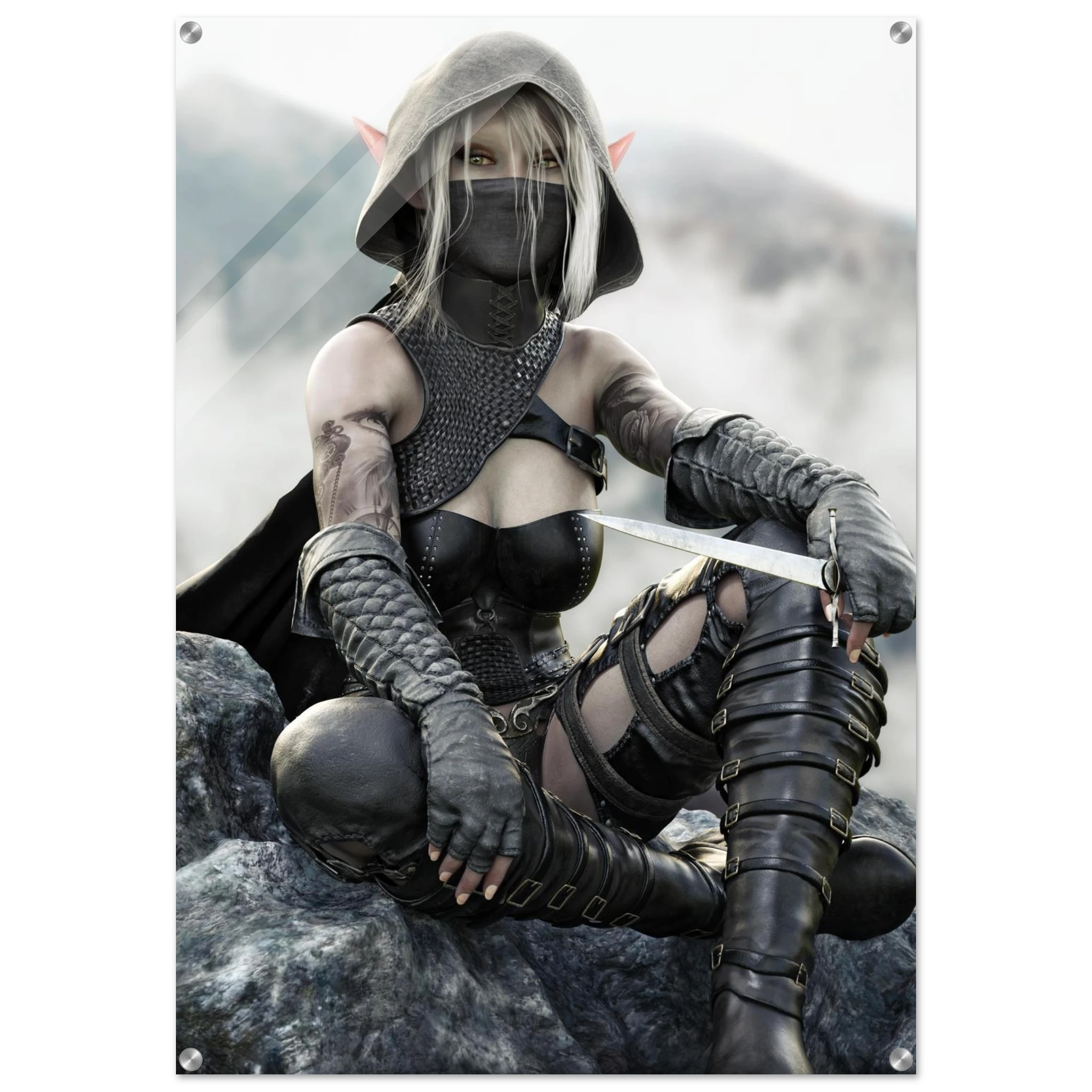 Handcrafted Dark Elf Rogue wall art featuring a hooded female elven assassin seated on rocky cliffs with a dagger in hand. Fantasy artwork ideal for gaming rooms, RPG fans, and medieval fantasy décor.