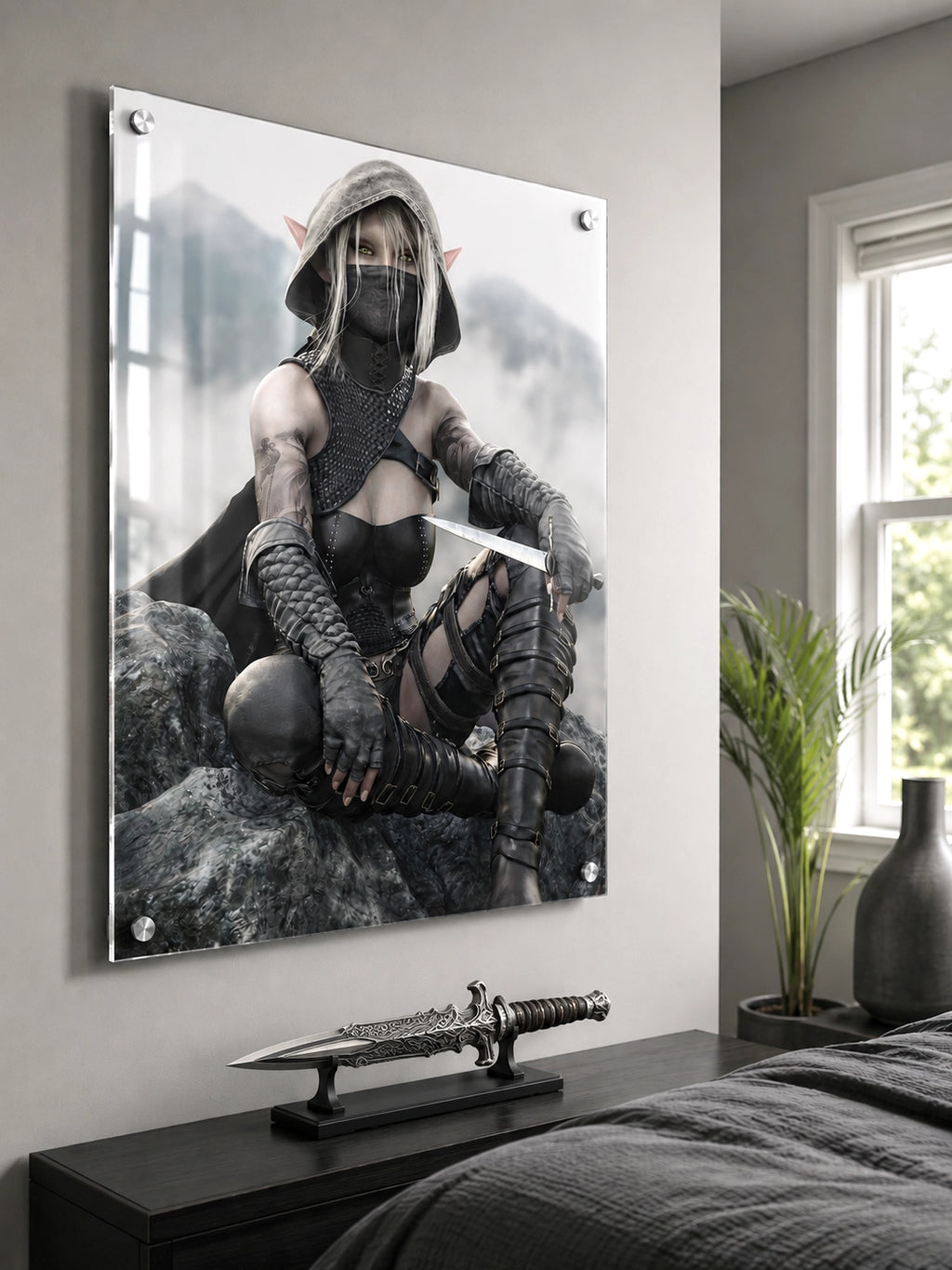 Handcrafted Dark Elf Rogue wall art featuring a hooded female elven assassin seated on rocky cliffs with a dagger in hand. Fantasy artwork ideal for gaming rooms, RPG fans, and medieval fantasy décor.