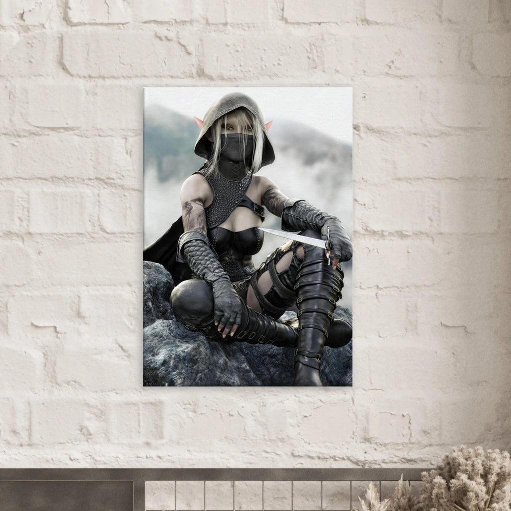 Handcrafted Dark Elf Rogue wall art featuring a hooded female elven assassin seated on rocky cliffs with a dagger in hand. Fantasy artwork ideal for gaming rooms, RPG fans, and medieval fantasy décor.