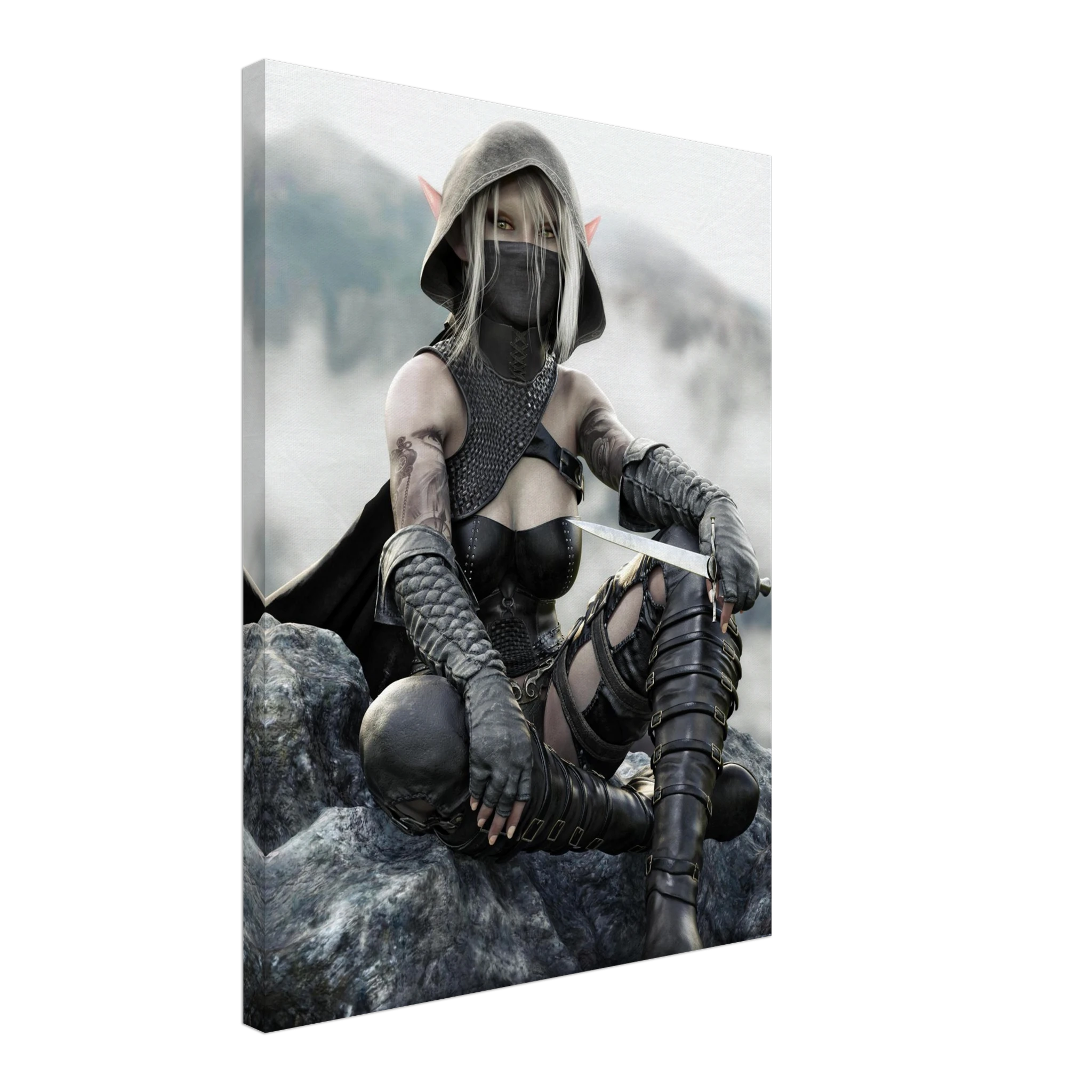 Handcrafted Dark Elf Rogue wall art featuring a hooded female elven assassin seated on rocky cliffs with a dagger in hand. Fantasy artwork ideal for gaming rooms, RPG fans, and medieval fantasy décor.