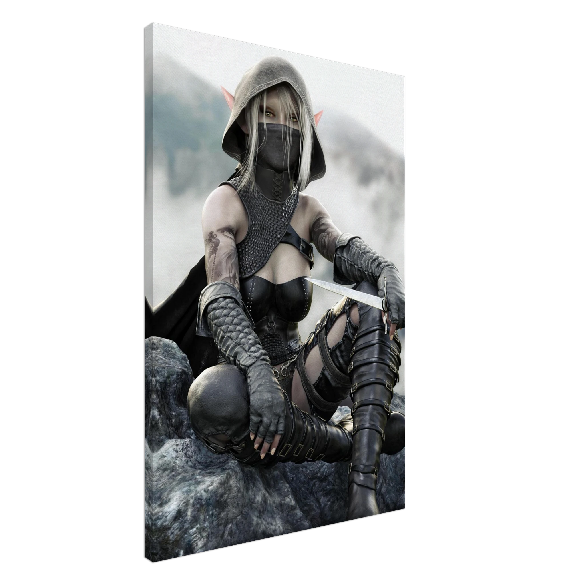 Handcrafted Dark Elf Rogue wall art featuring a hooded female elven assassin seated on rocky cliffs with a dagger in hand. Fantasy artwork ideal for gaming rooms, RPG fans, and medieval fantasy décor.