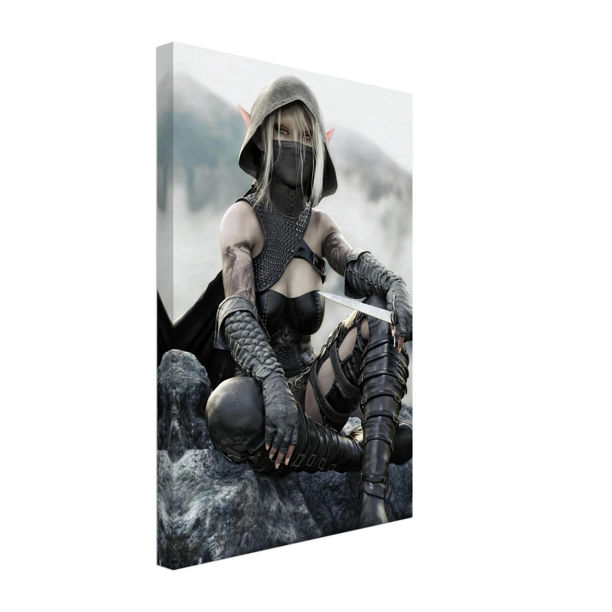 Handcrafted Dark Elf Rogue wall art featuring a hooded female elven assassin seated on rocky cliffs with a dagger in hand. Fantasy artwork ideal for gaming rooms, RPG fans, and medieval fantasy décor.