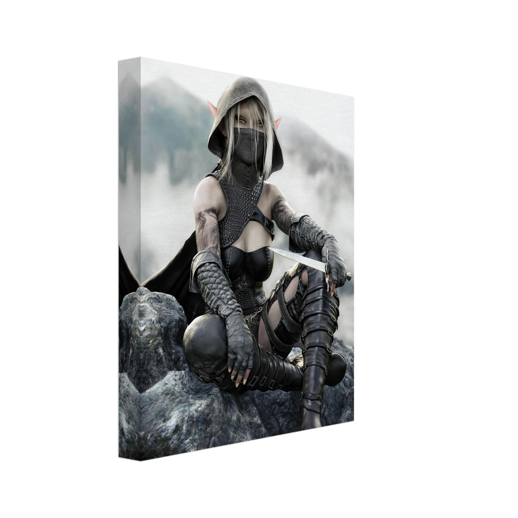 Handcrafted Dark Elf Rogue wall art featuring a hooded female elven assassin seated on rocky cliffs with a dagger in hand. Fantasy artwork ideal for gaming rooms, RPG fans, and medieval fantasy décor.