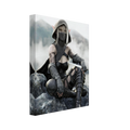 Handcrafted Dark Elf Rogue wall art featuring a hooded female elven assassin seated on rocky cliffs with a dagger in hand. Fantasy artwork ideal for gaming rooms, RPG fans, and medieval fantasy décor.