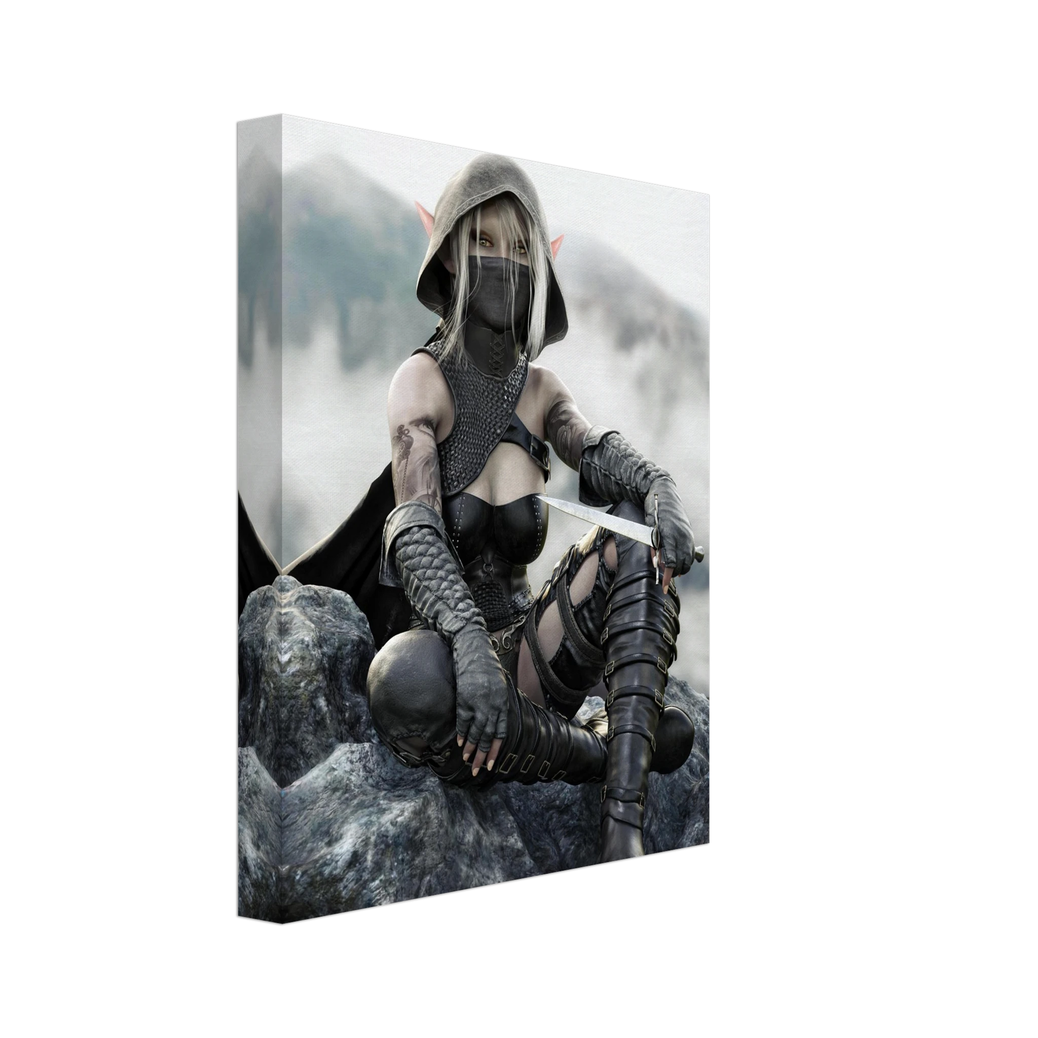Handcrafted Dark Elf Rogue wall art featuring a hooded female elven assassin seated on rocky cliffs with a dagger in hand. Fantasy artwork ideal for gaming rooms, RPG fans, and medieval fantasy décor.