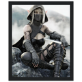 Handcrafted Dark Elf Rogue wall art featuring a hooded female elven assassin seated on rocky cliffs with a dagger in hand. Fantasy artwork ideal for gaming rooms, RPG fans, and medieval fantasy décor.