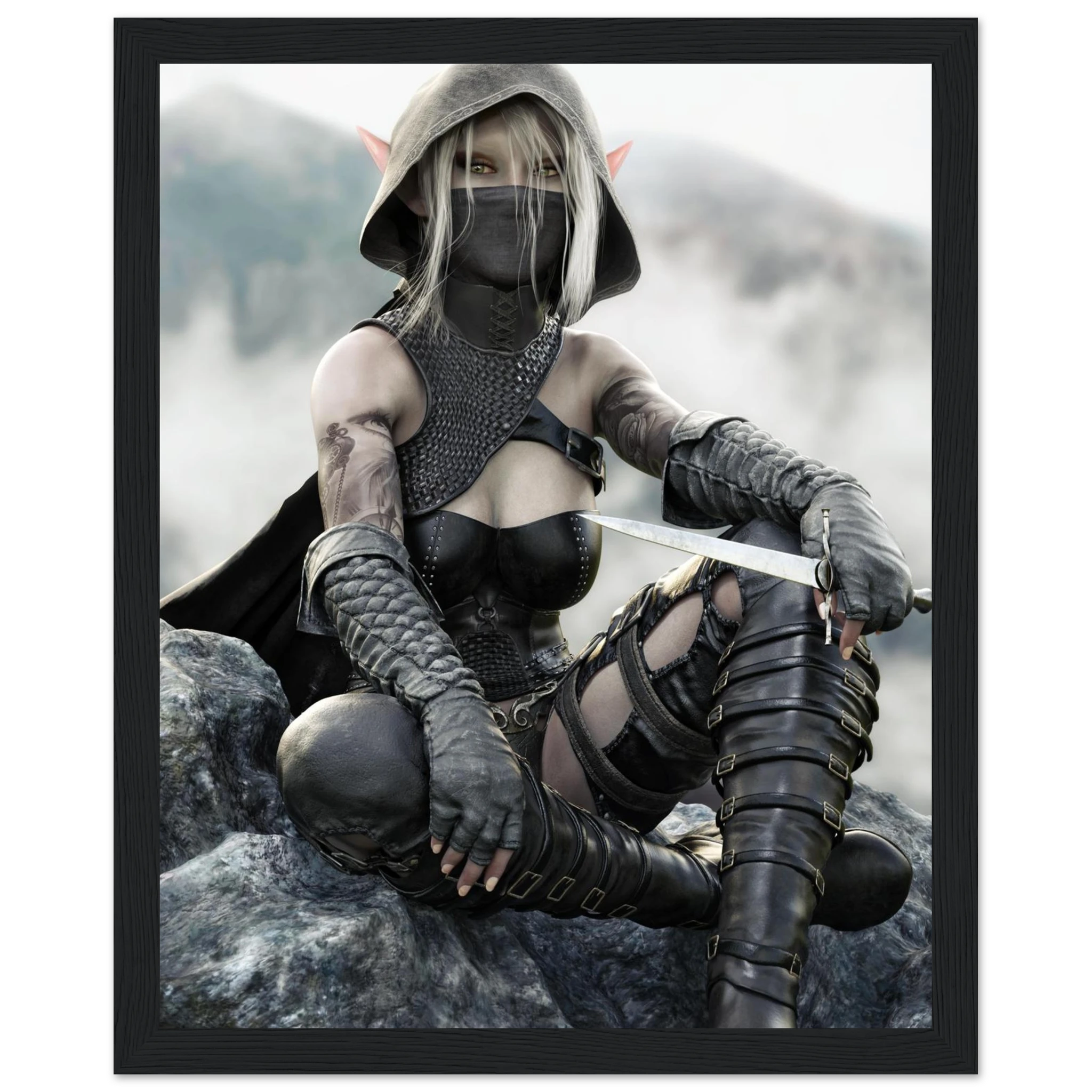 Handcrafted Dark Elf Rogue wall art featuring a hooded female elven assassin seated on rocky cliffs with a dagger in hand. Fantasy artwork ideal for gaming rooms, RPG fans, and medieval fantasy décor.
