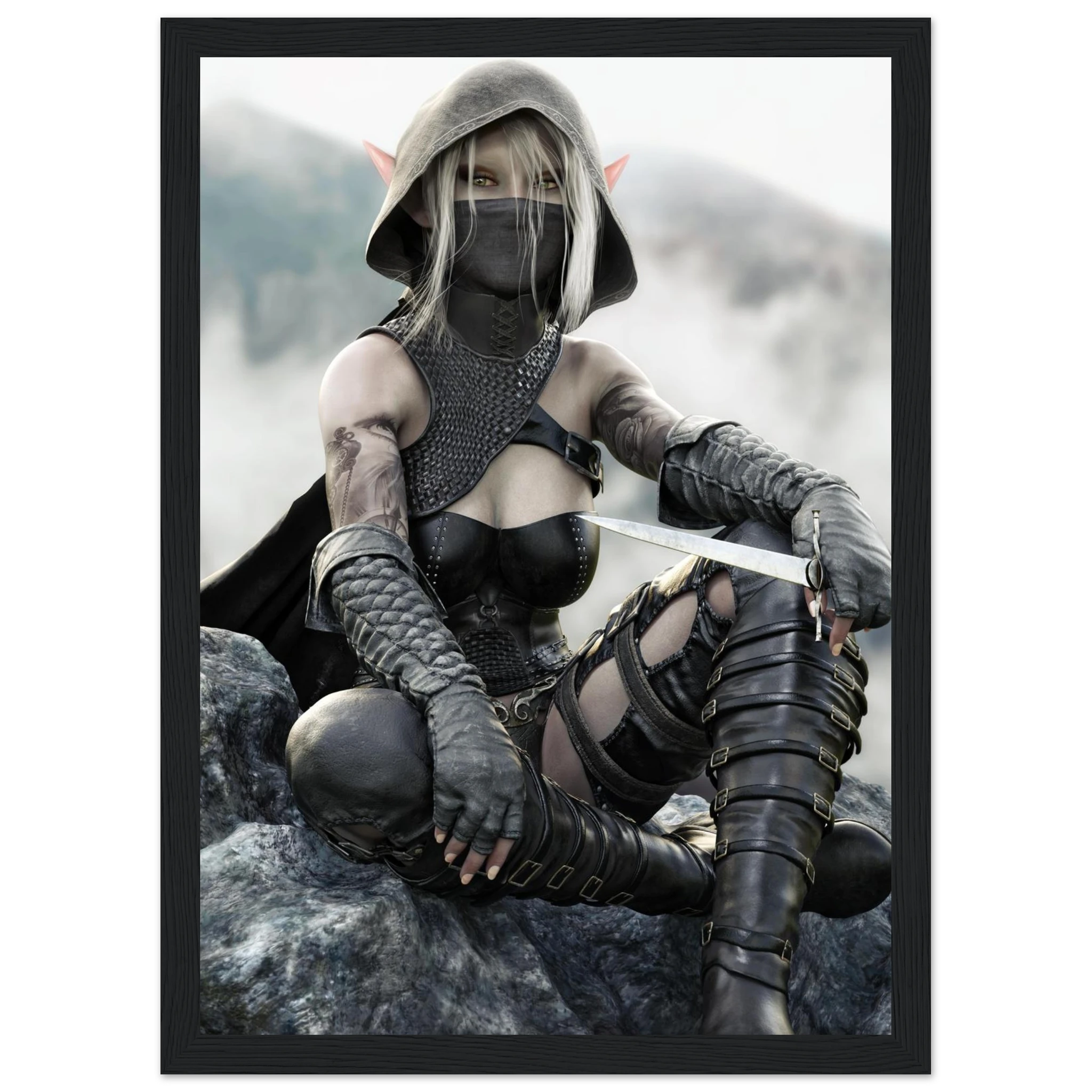 Handcrafted Dark Elf Rogue wall art featuring a hooded female elven assassin seated on rocky cliffs with a dagger in hand. Fantasy artwork ideal for gaming rooms, RPG fans, and medieval fantasy décor.