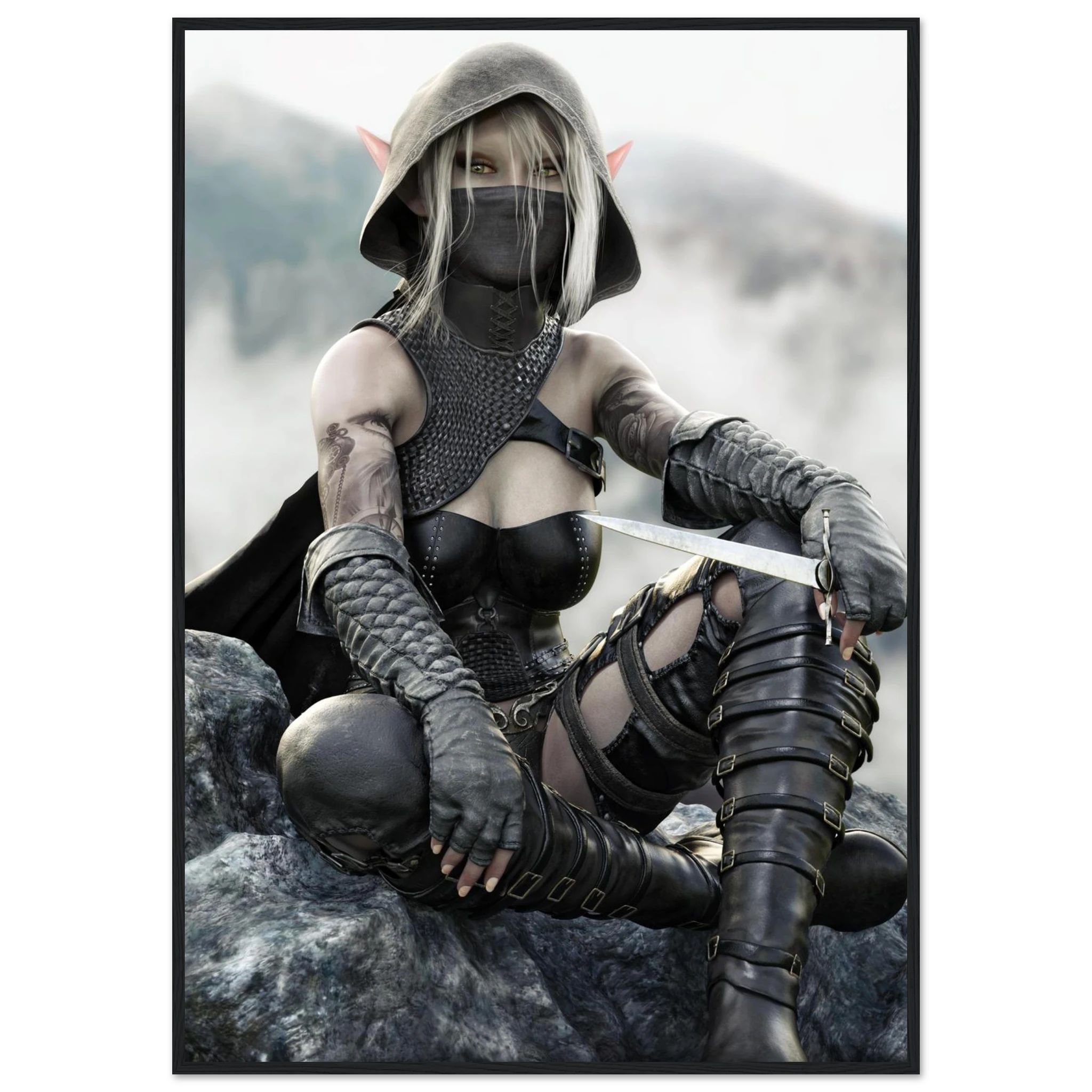 Handcrafted Dark Elf Rogue wall art featuring a hooded female elven assassin seated on rocky cliffs with a dagger in hand. Fantasy artwork ideal for gaming rooms, RPG fans, and medieval fantasy décor.